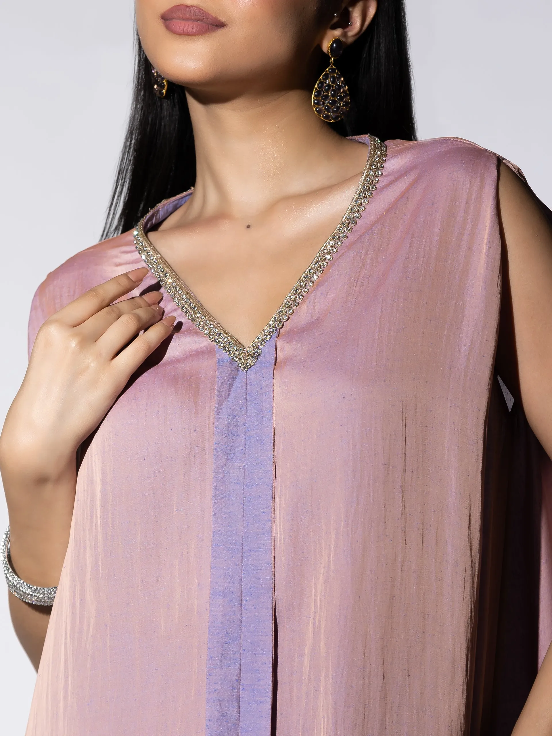 2 Pc SET | Peach & Lavender Slub Satin Flared top with Poncha Pants