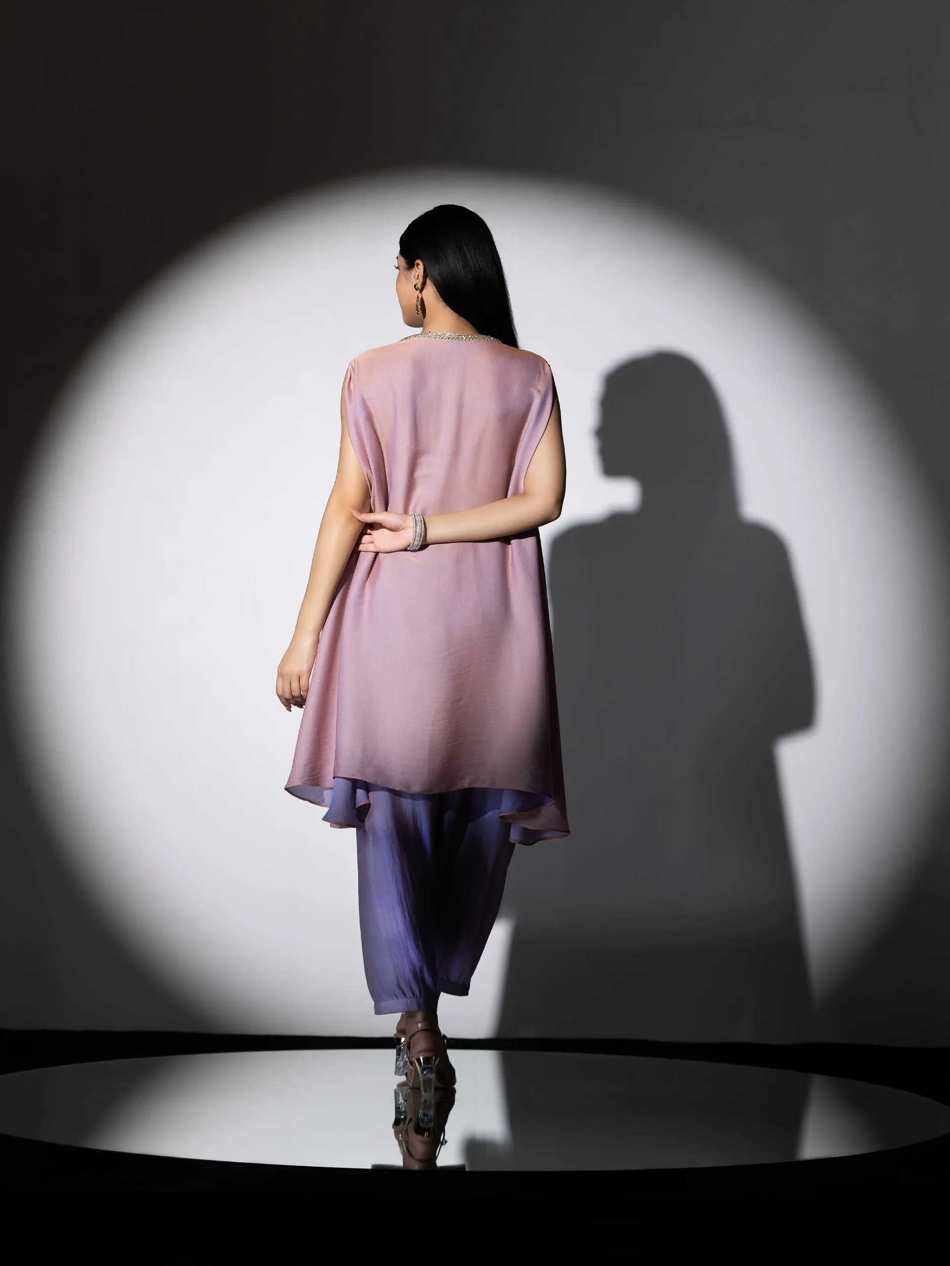 2 Pc SET | Peach & Lavender Slub Satin Flared top with Poncha Pants