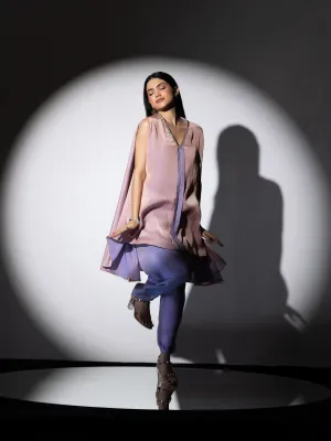 2 Pc SET | Peach & Lavender Slub Satin Flared top with Poncha Pants