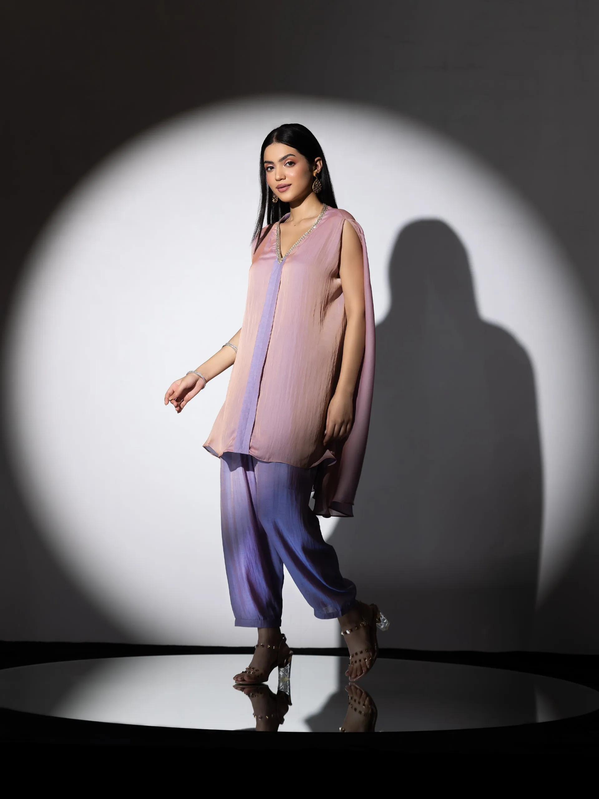 2 Pc SET | Peach & Lavender Slub Satin Flared top with Poncha Pants