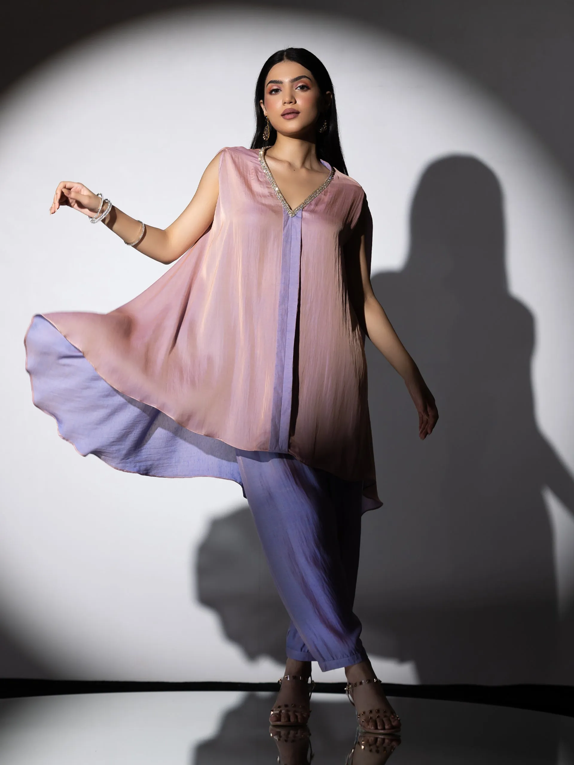 2 Pc SET | Peach & Lavender Slub Satin Flared top with Poncha Pants
