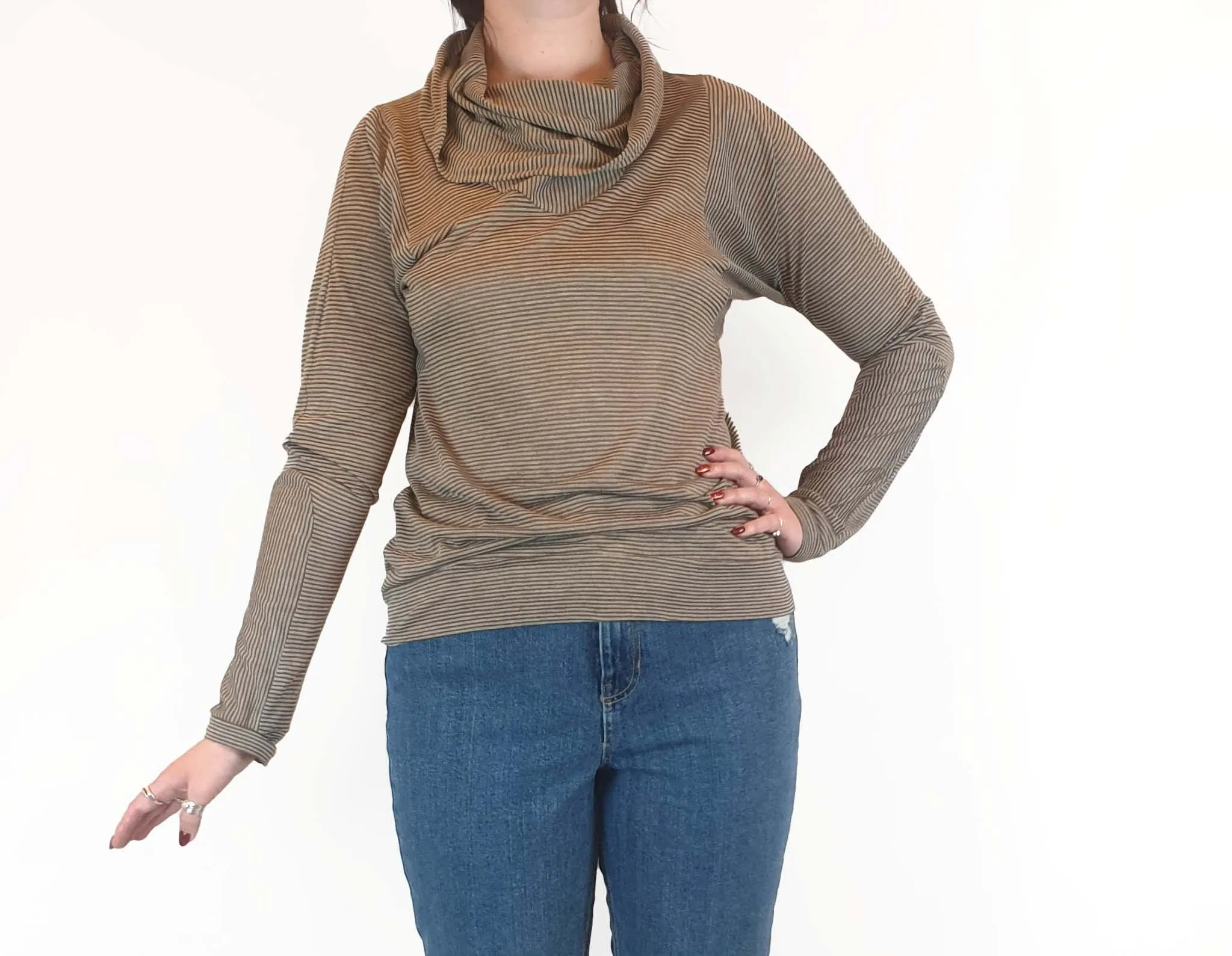 Ammo mustard and grey striped long sleeve top with cowl neck size L (best fits 14)