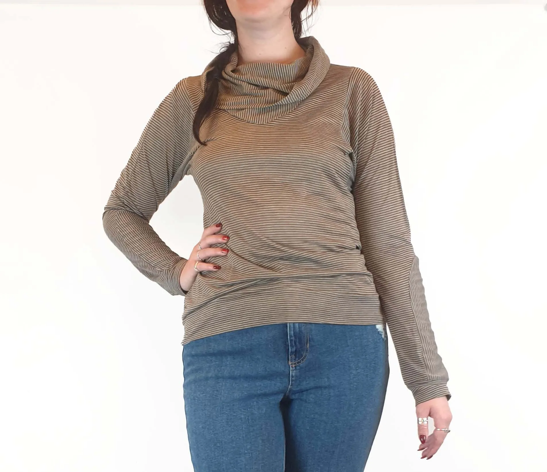 Ammo mustard and grey striped long sleeve top with cowl neck size L (best fits 14)