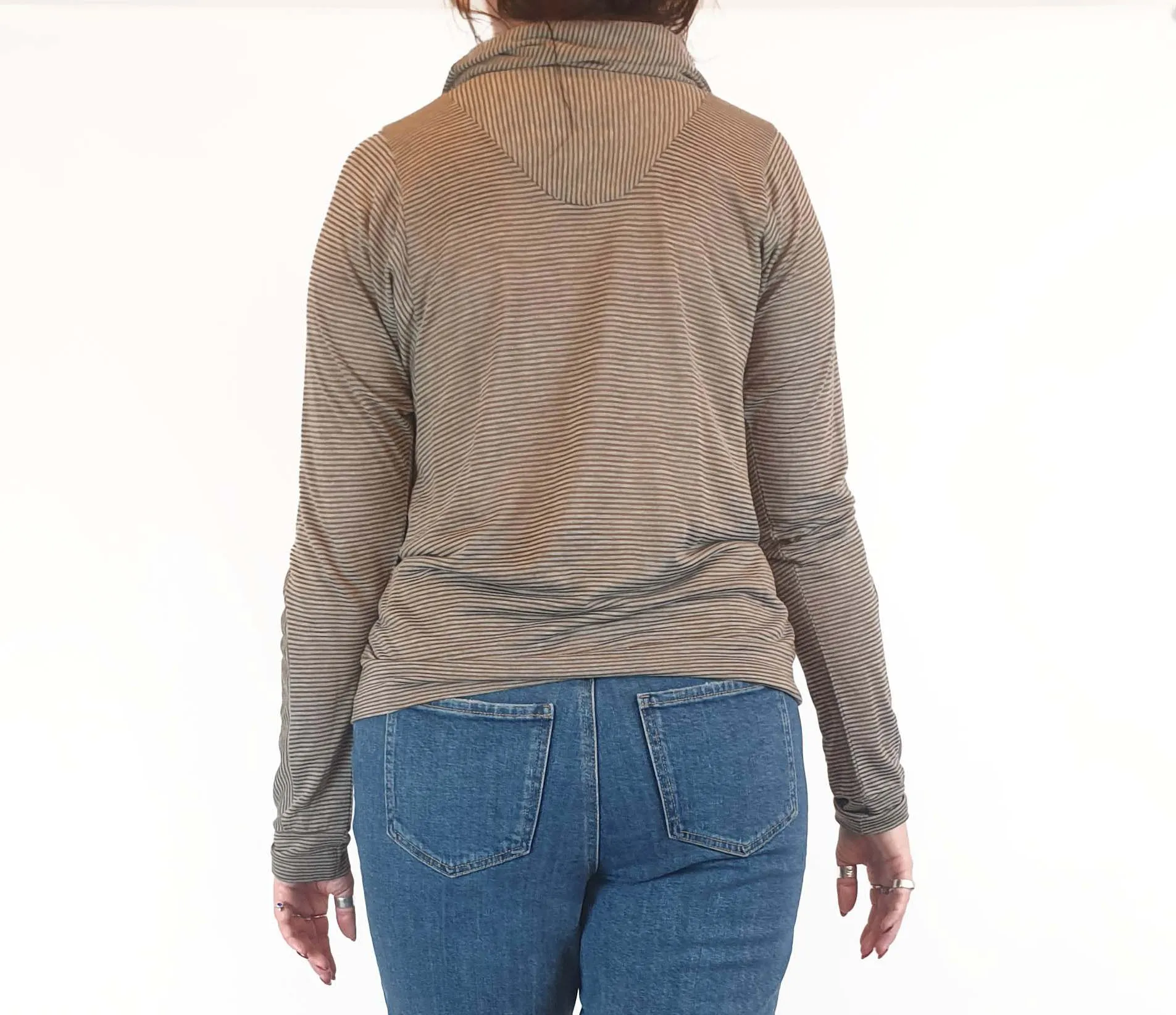 Ammo mustard and grey striped long sleeve top with cowl neck size L (best fits 14)