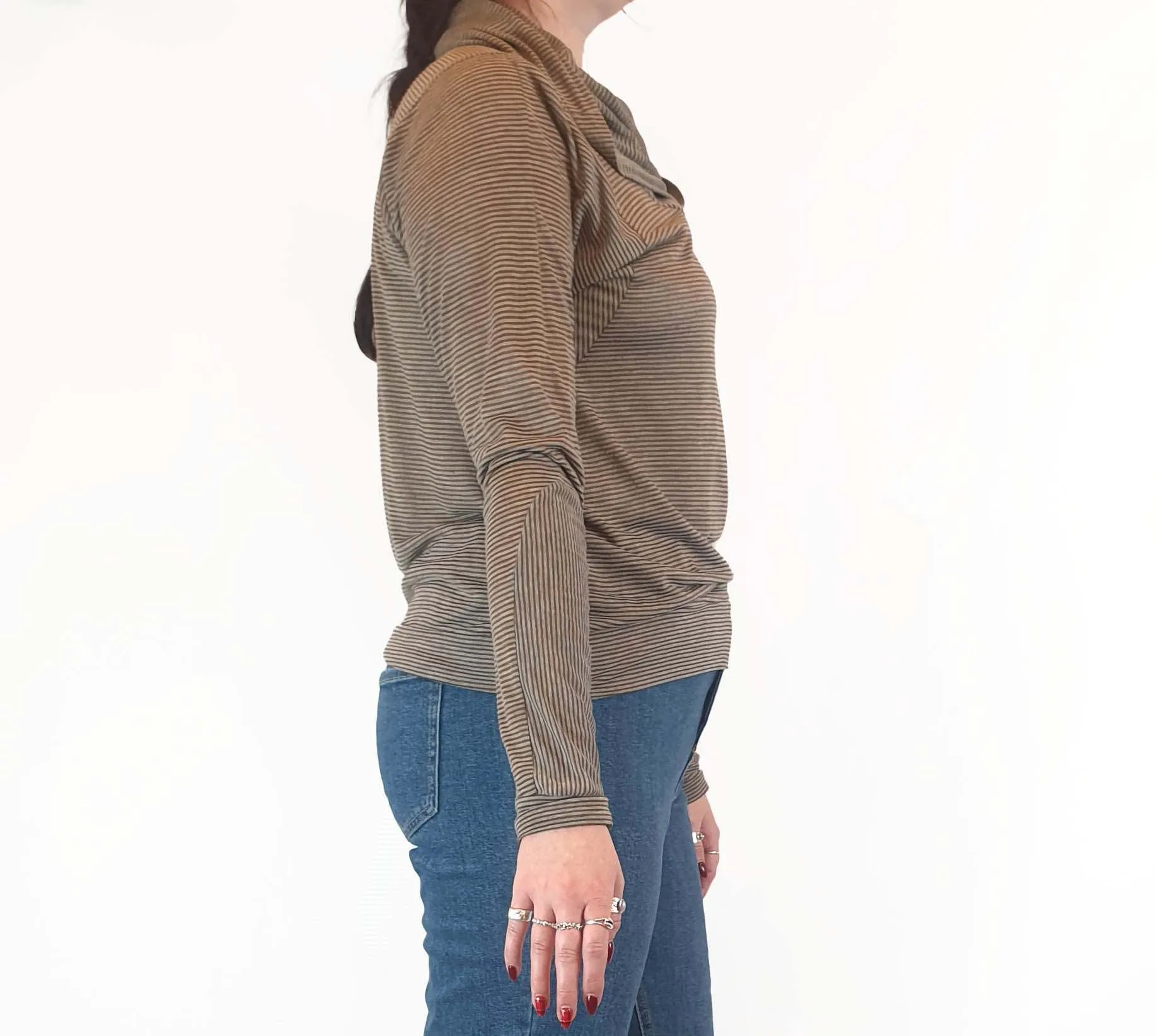 Ammo mustard and grey striped long sleeve top with cowl neck size L (best fits 14)