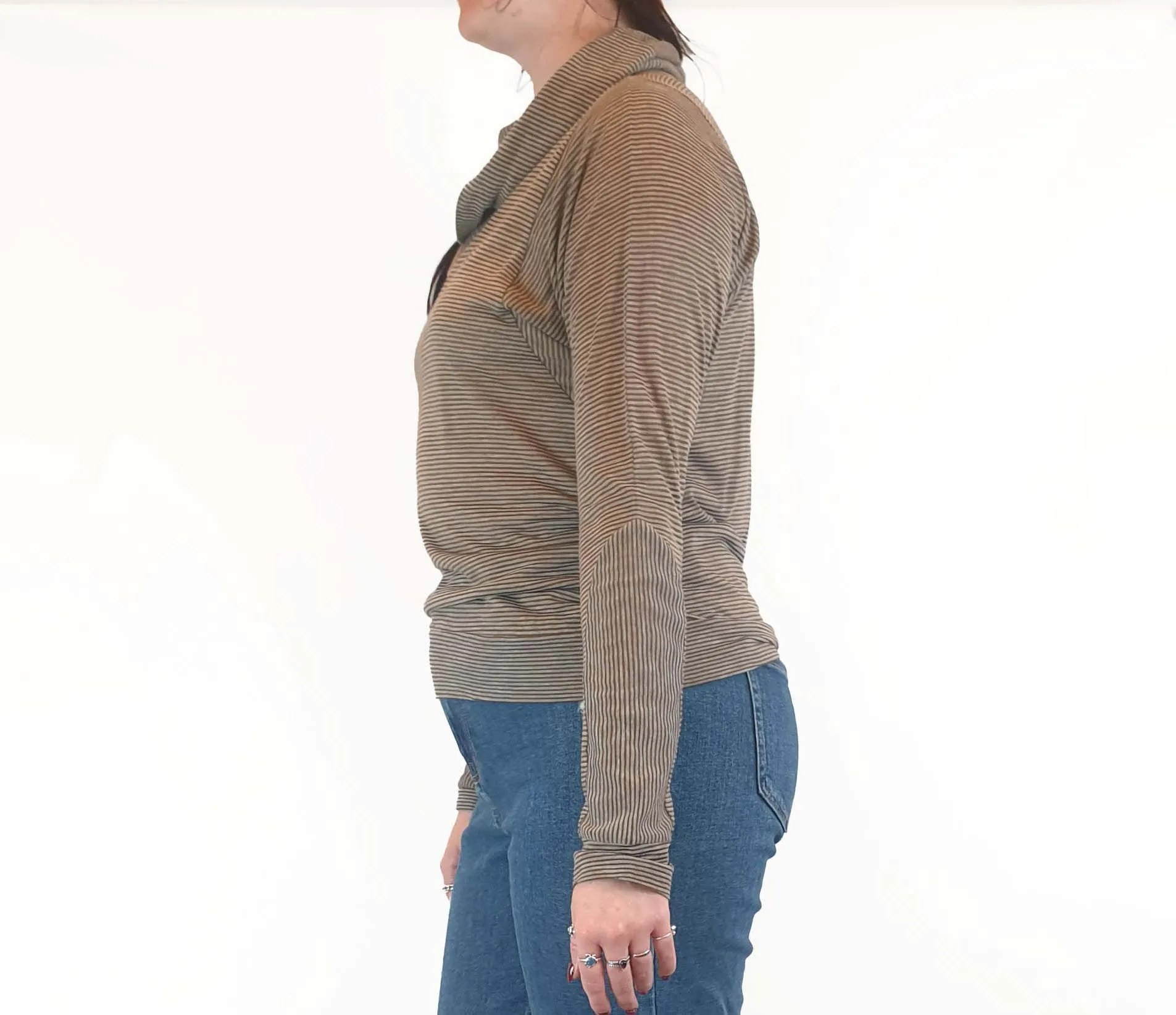 Ammo mustard and grey striped long sleeve top with cowl neck size L (best fits 14)