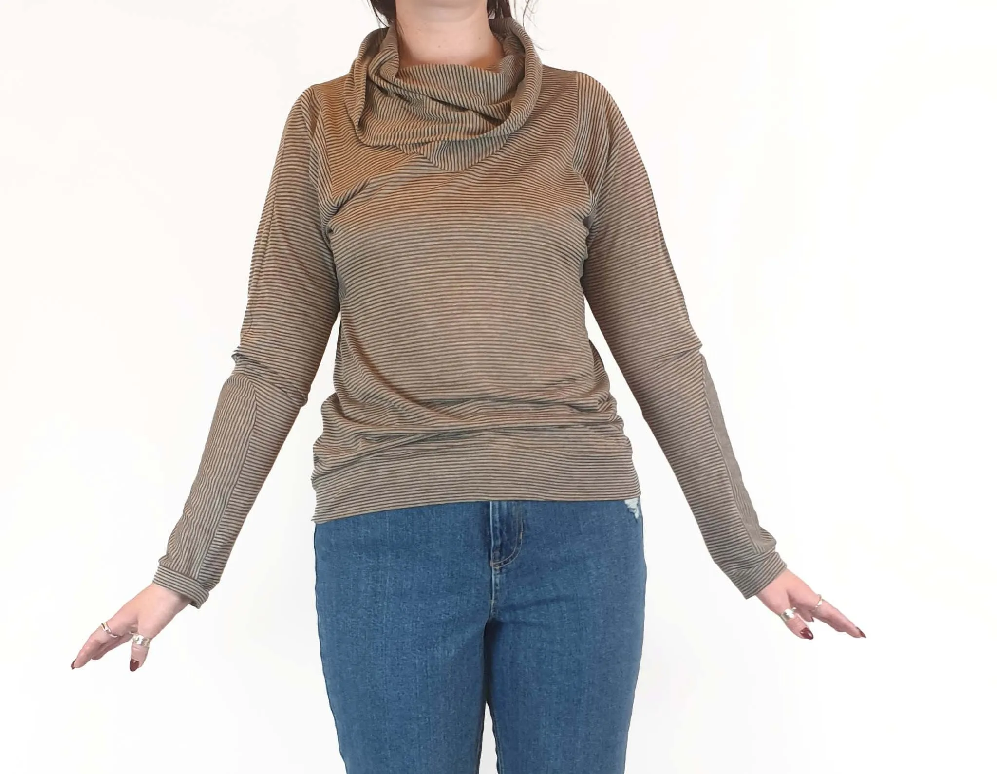 Ammo mustard and grey striped long sleeve top with cowl neck size L (best fits 14)
