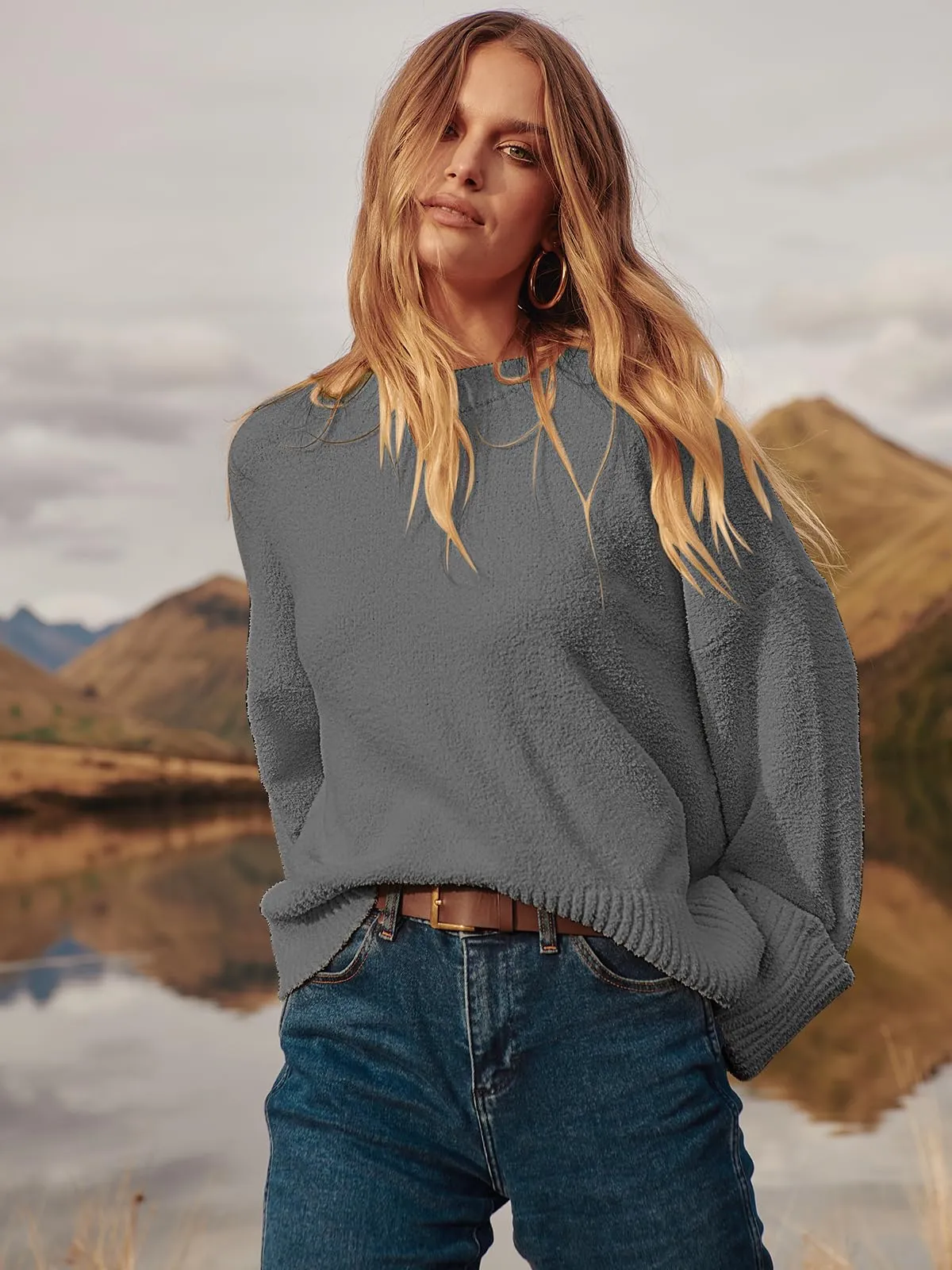 ANRABESS Women's Oversized Crewneck Long Sleeve Fuzzy Knit Casual Chunky Warm 2024 Fall Pullover Sweaters Top Trendy Outfits