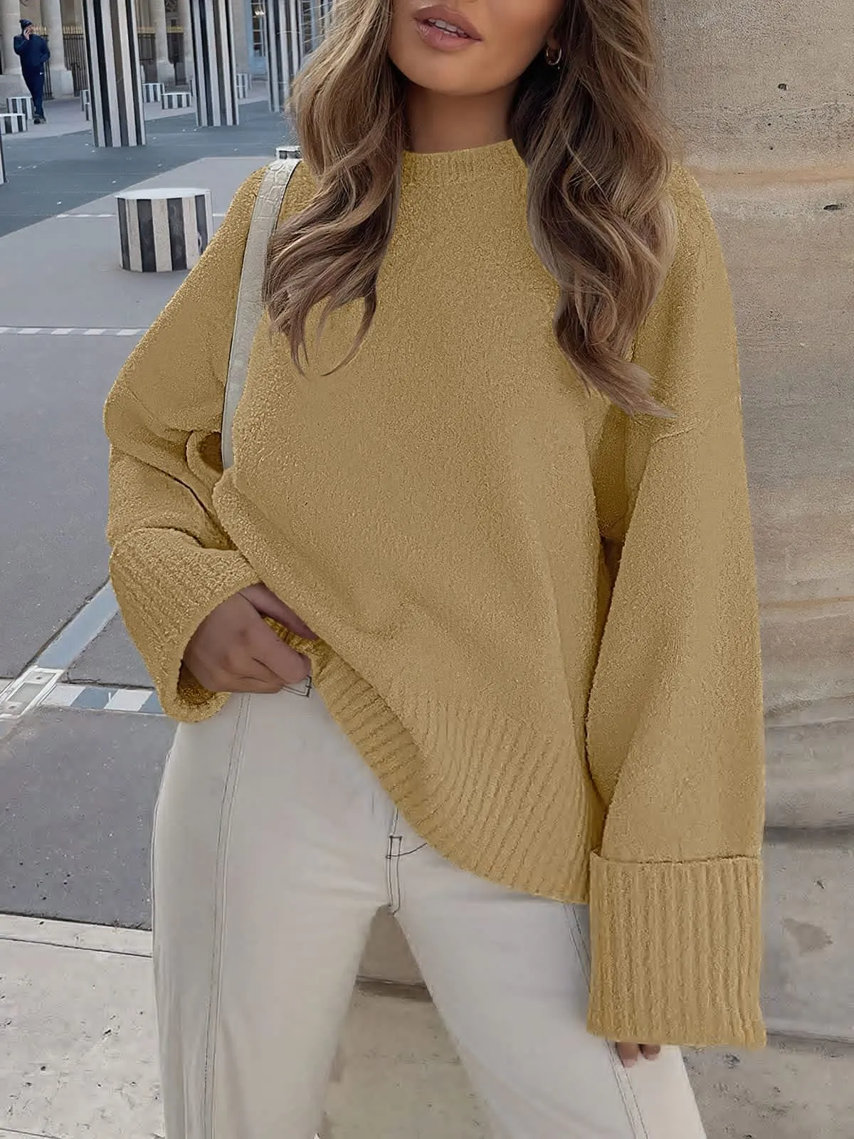 ANRABESS Women's Oversized Crewneck Long Sleeve Fuzzy Knit Casual Chunky Warm 2024 Fall Pullover Sweaters Top Trendy Outfits