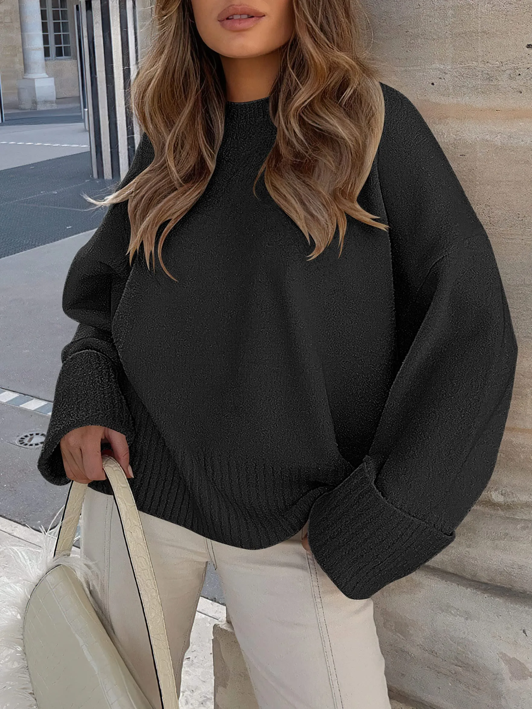 ANRABESS Women's Oversized Crewneck Long Sleeve Fuzzy Knit Casual Chunky Warm 2024 Fall Pullover Sweaters Top Trendy Outfits