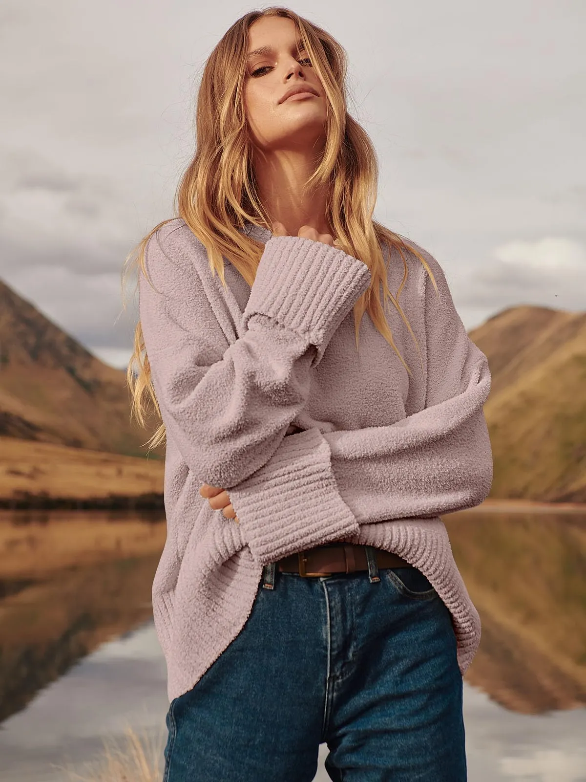 ANRABESS Women's Oversized Crewneck Long Sleeve Fuzzy Knit Casual Chunky Warm 2024 Fall Pullover Sweaters Top Trendy Outfits