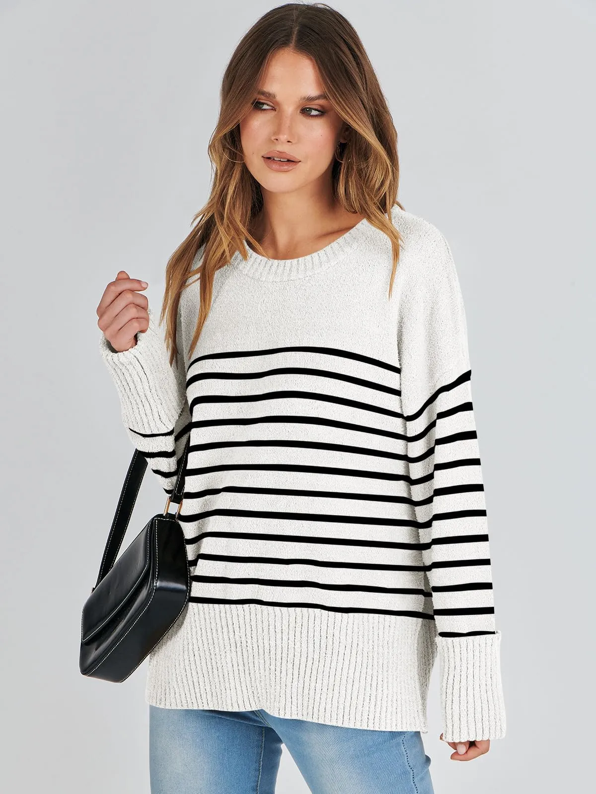 ANRABESS Women's Oversized Crewneck Long Sleeve Fuzzy Knit Casual Chunky Warm 2024 Fall Pullover Sweaters Top Trendy Outfits