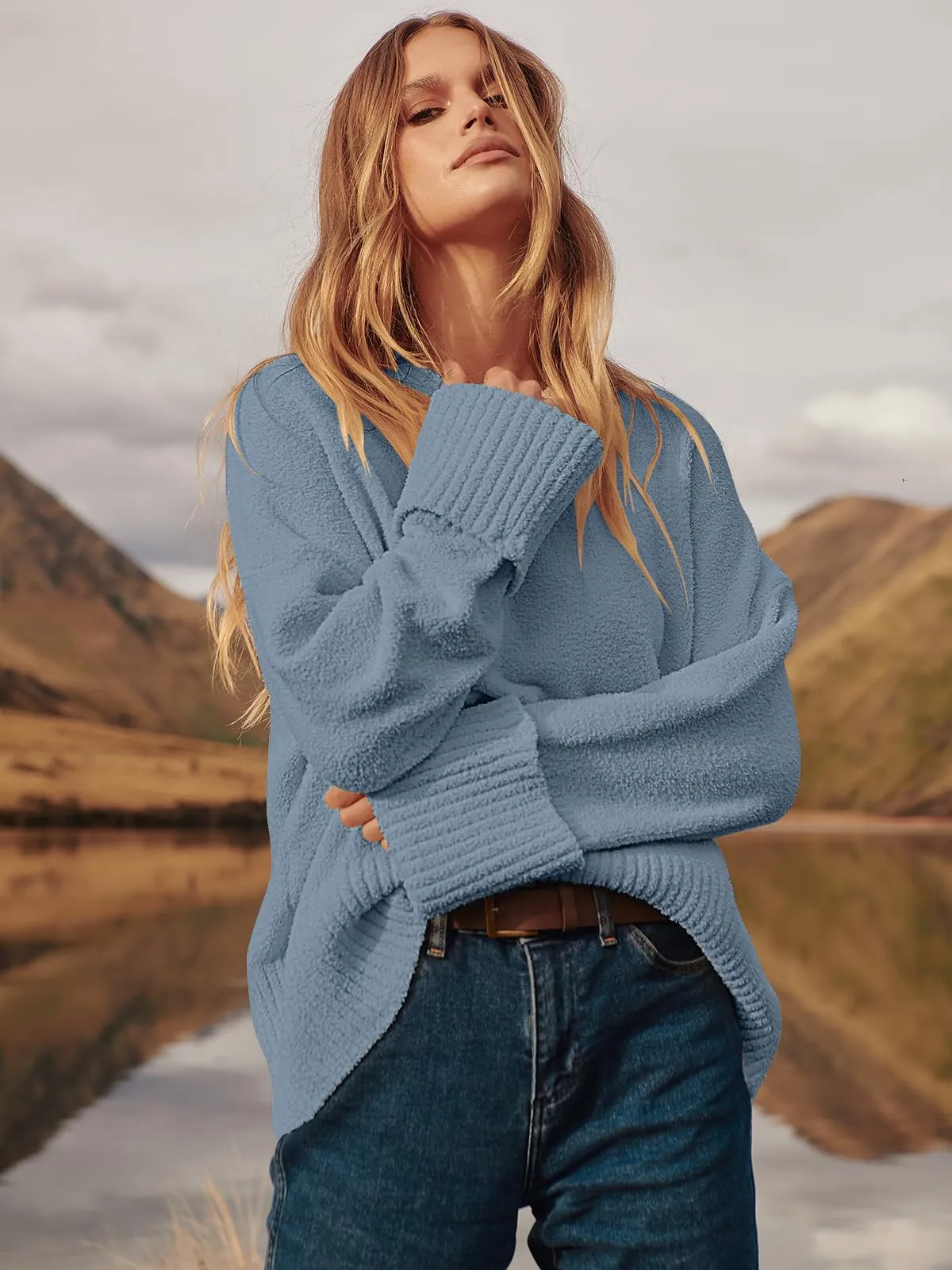 ANRABESS Women's Oversized Crewneck Long Sleeve Fuzzy Knit Casual Chunky Warm 2024 Fall Pullover Sweaters Top Trendy Outfits