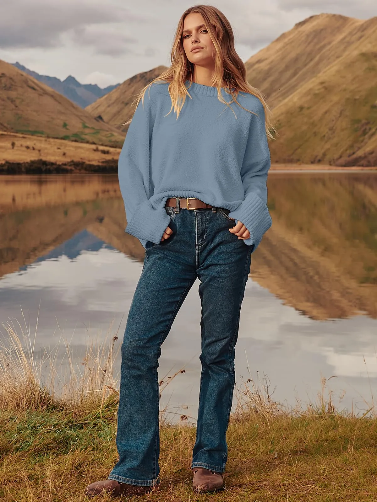 ANRABESS Women's Oversized Crewneck Long Sleeve Fuzzy Knit Casual Chunky Warm 2024 Fall Pullover Sweaters Top Trendy Outfits