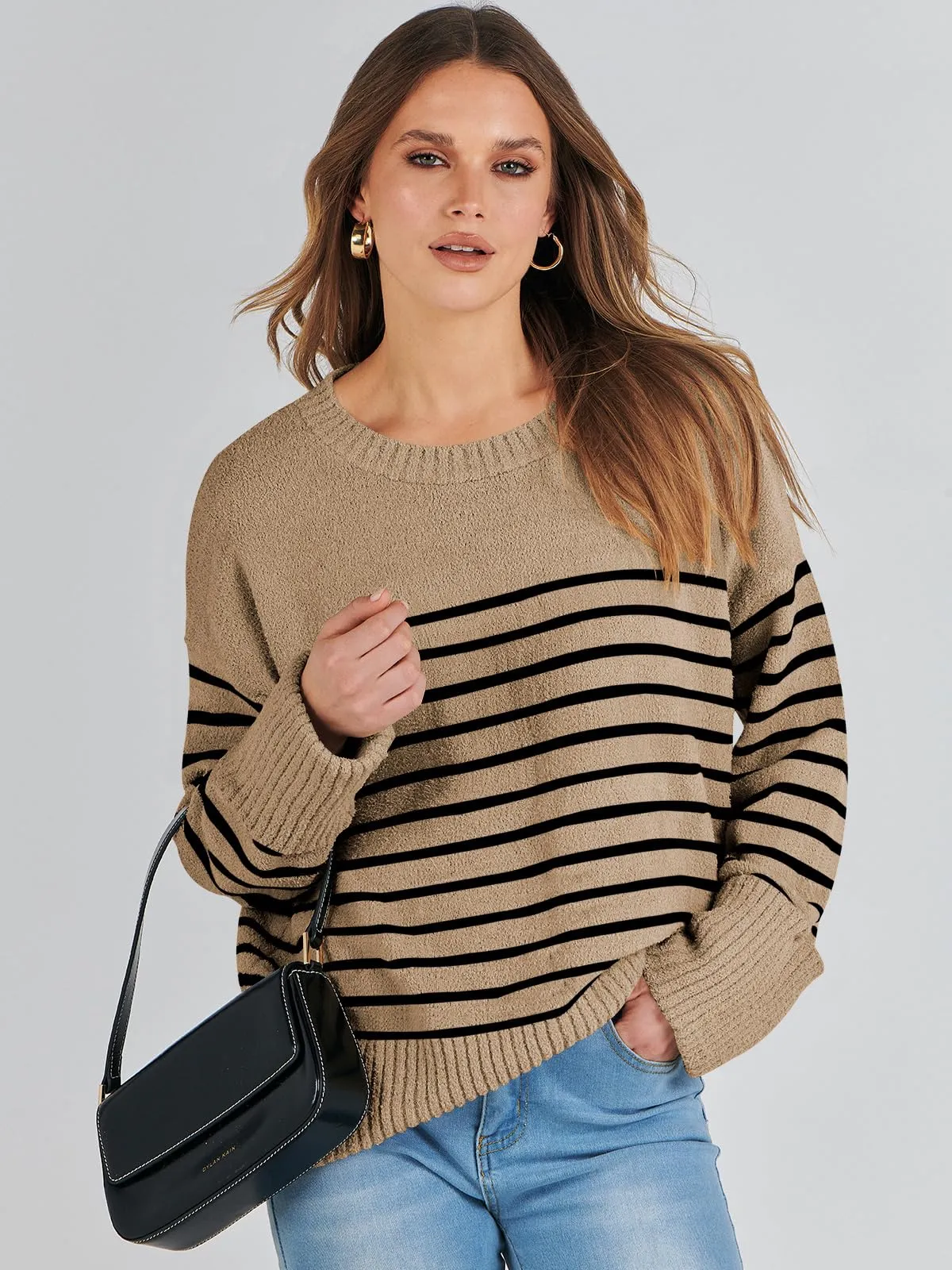 ANRABESS Women's Oversized Crewneck Long Sleeve Fuzzy Knit Casual Chunky Warm 2024 Fall Pullover Sweaters Top Trendy Outfits