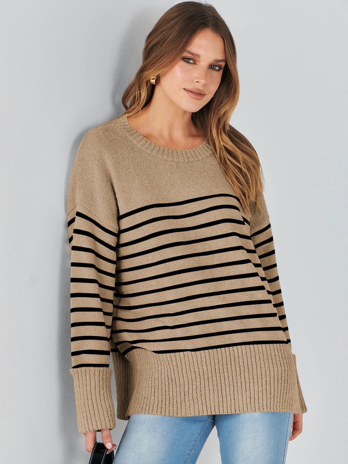 ANRABESS Women's Oversized Crewneck Long Sleeve Fuzzy Knit Casual Chunky Warm 2024 Fall Pullover Sweaters Top Trendy Outfits