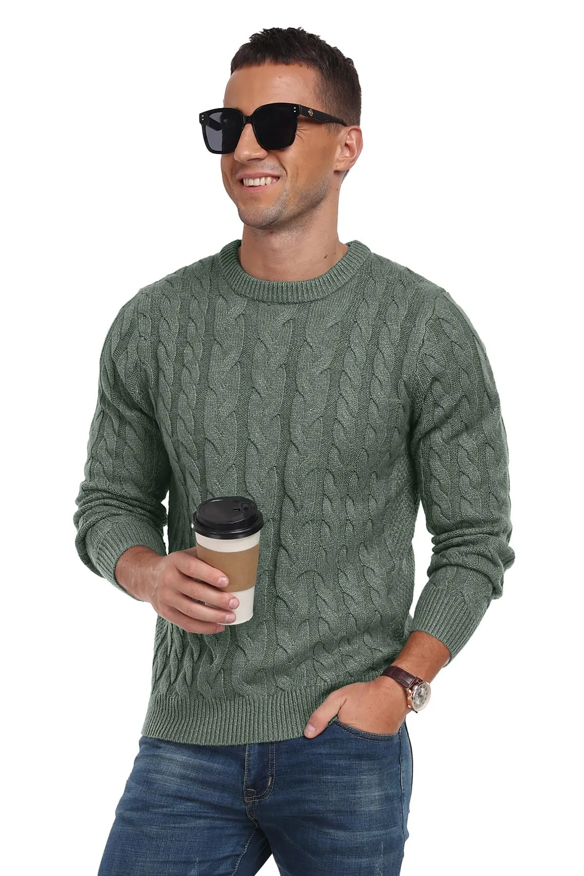 Askdeer Men's Crewneck Pullover Sweater Chunky Cable Knit Sweater Classic Casual Sweaters with Ribbing Edge