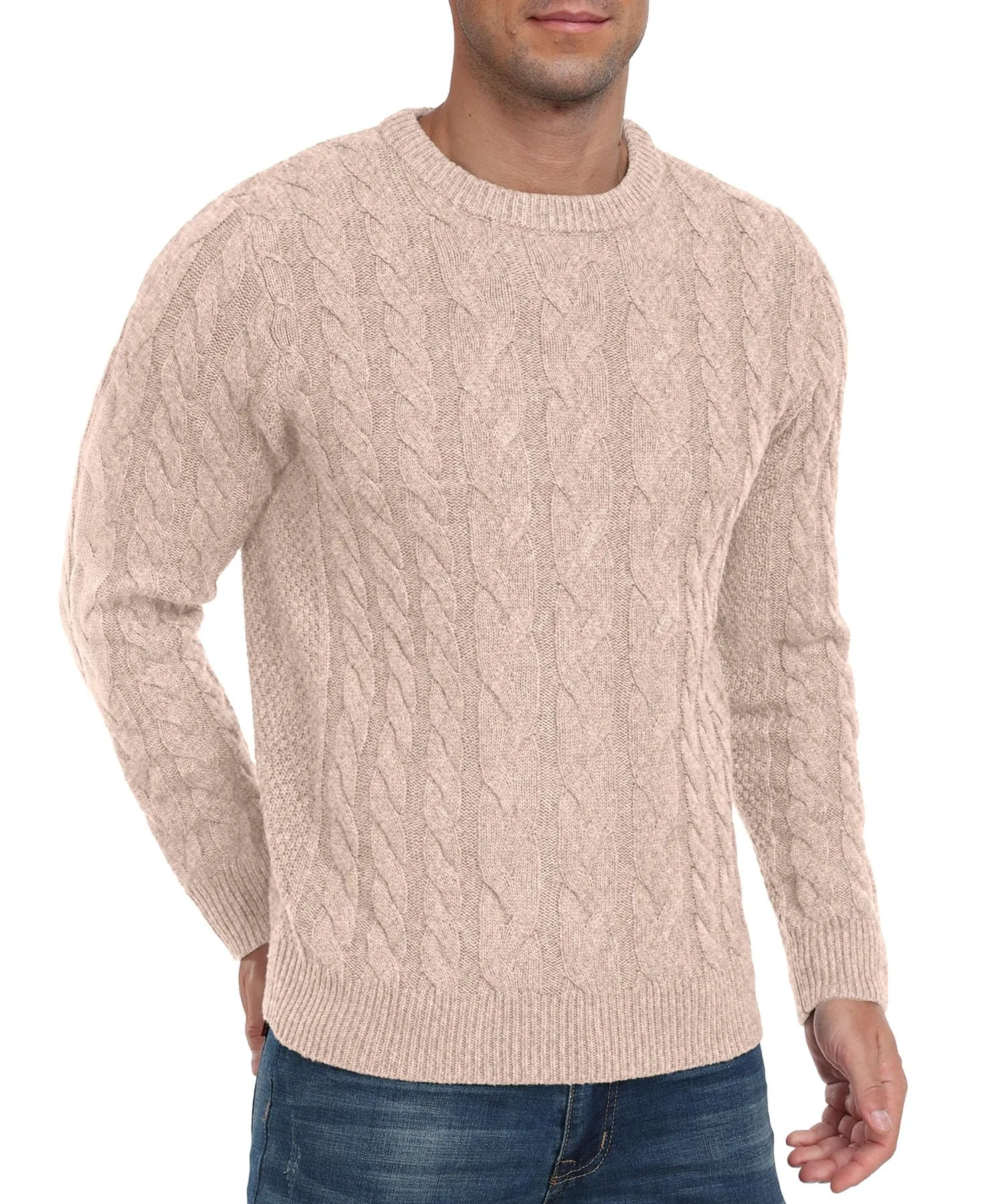 Askdeer Men's Crewneck Pullover Sweater Chunky Cable Knit Sweater Classic Casual Sweaters with Ribbing Edge