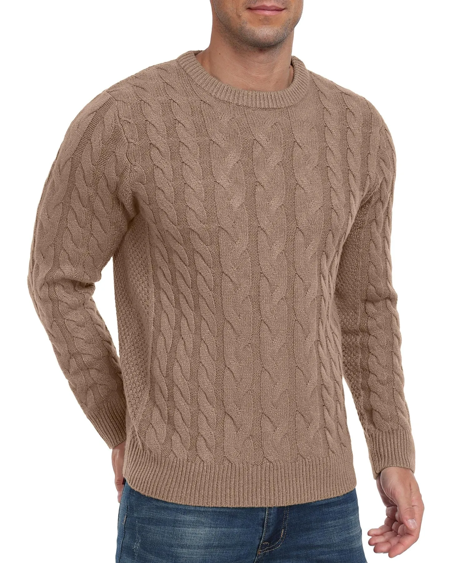 Askdeer Men's Crewneck Pullover Sweater Chunky Cable Knit Sweater Classic Casual Sweaters with Ribbing Edge