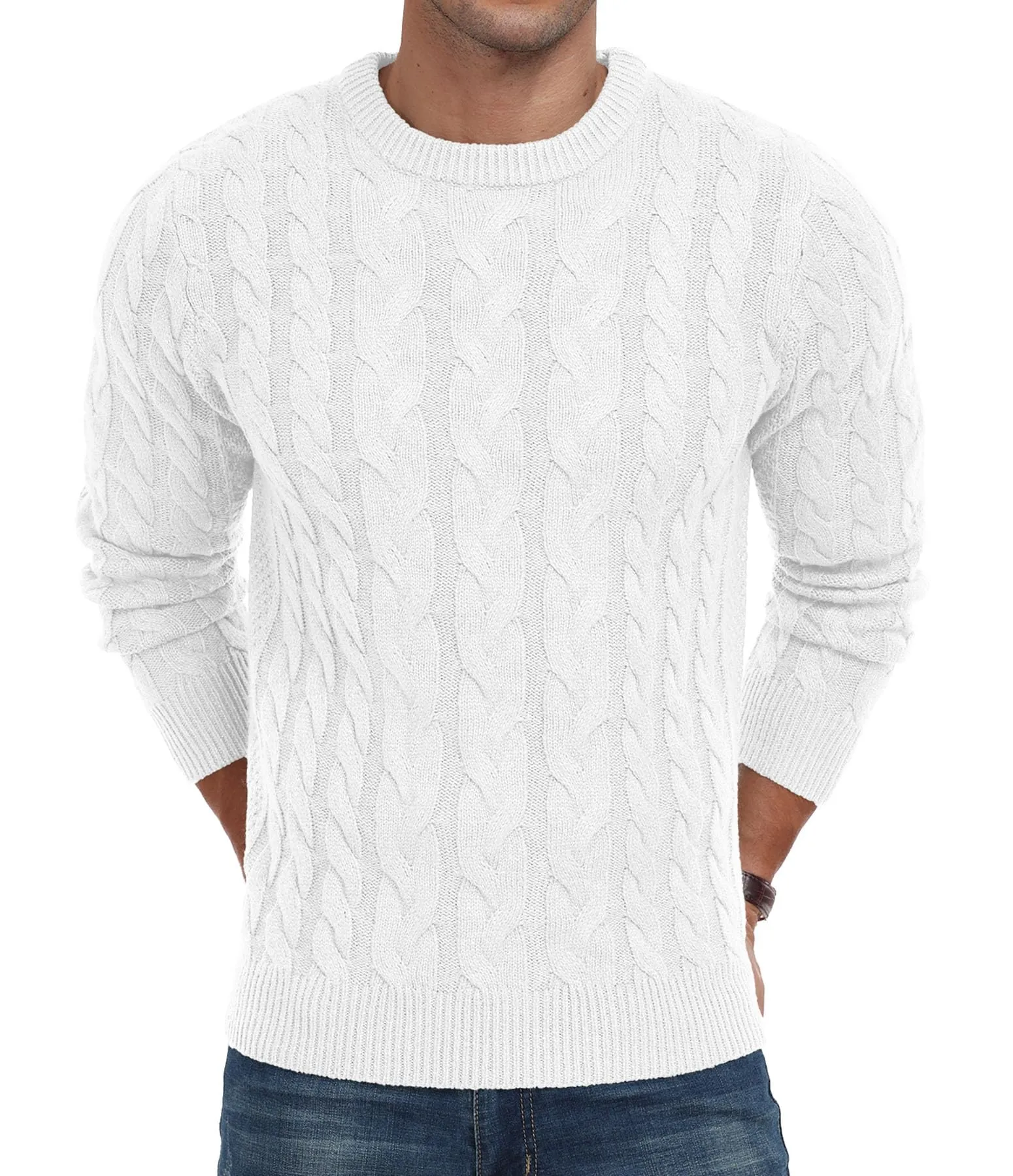 Askdeer Men's Crewneck Pullover Sweater Chunky Cable Knit Sweater Classic Casual Sweaters with Ribbing Edge