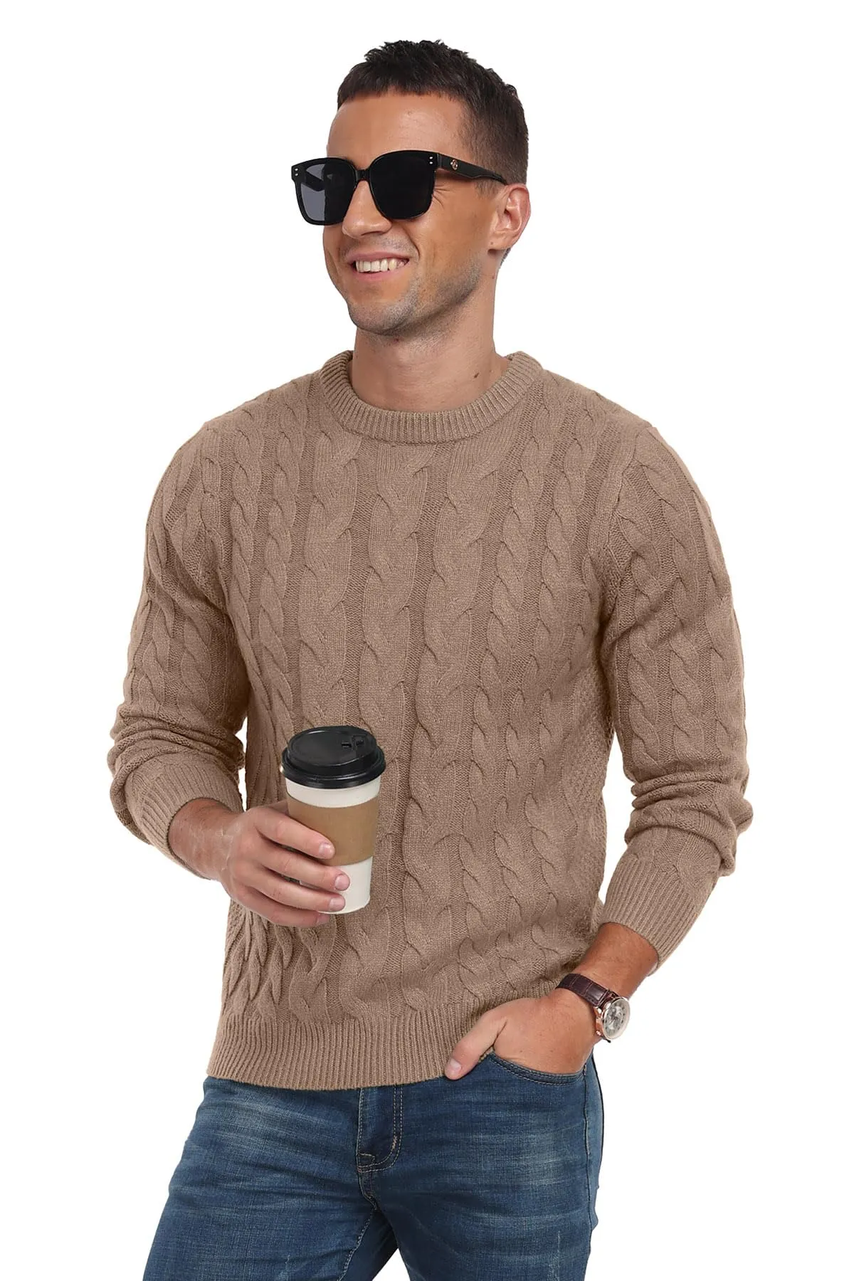 Askdeer Men's Crewneck Pullover Sweater Chunky Cable Knit Sweater Classic Casual Sweaters with Ribbing Edge
