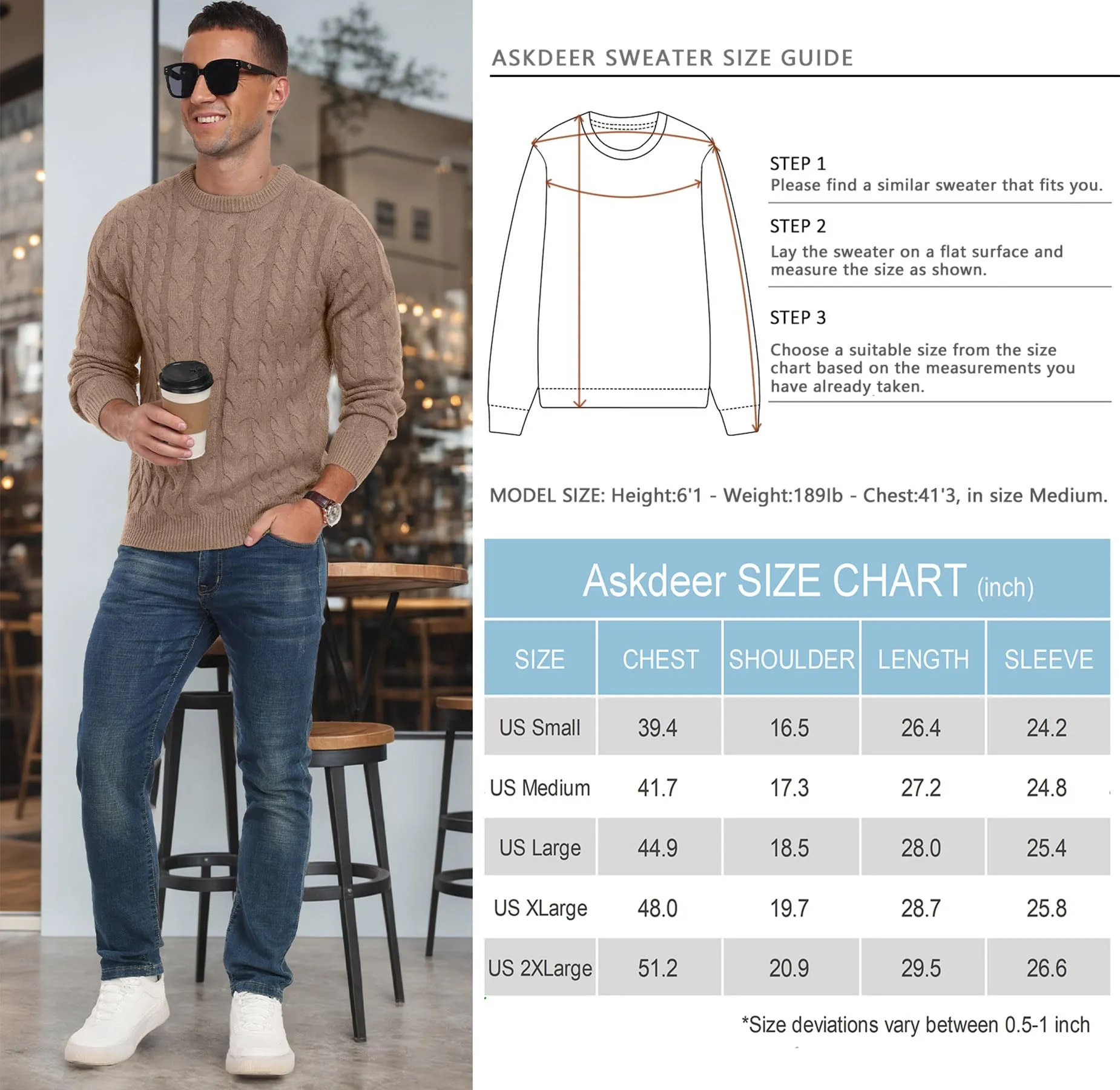 Askdeer Men's Crewneck Pullover Sweater Chunky Cable Knit Sweater Classic Casual Sweaters with Ribbing Edge