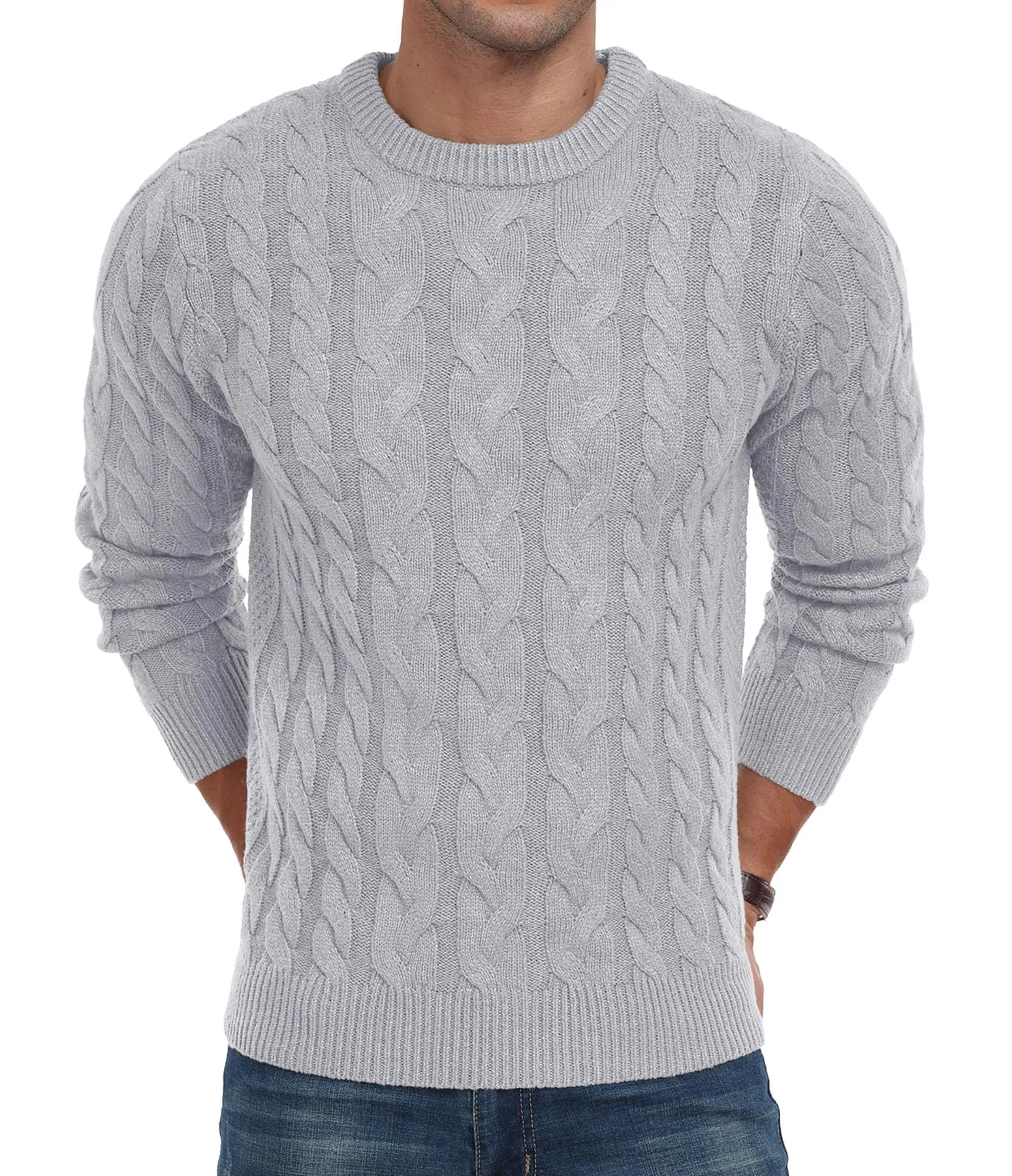 Askdeer Men's Crewneck Pullover Sweater Chunky Cable Knit Sweater Classic Casual Sweaters with Ribbing Edge
