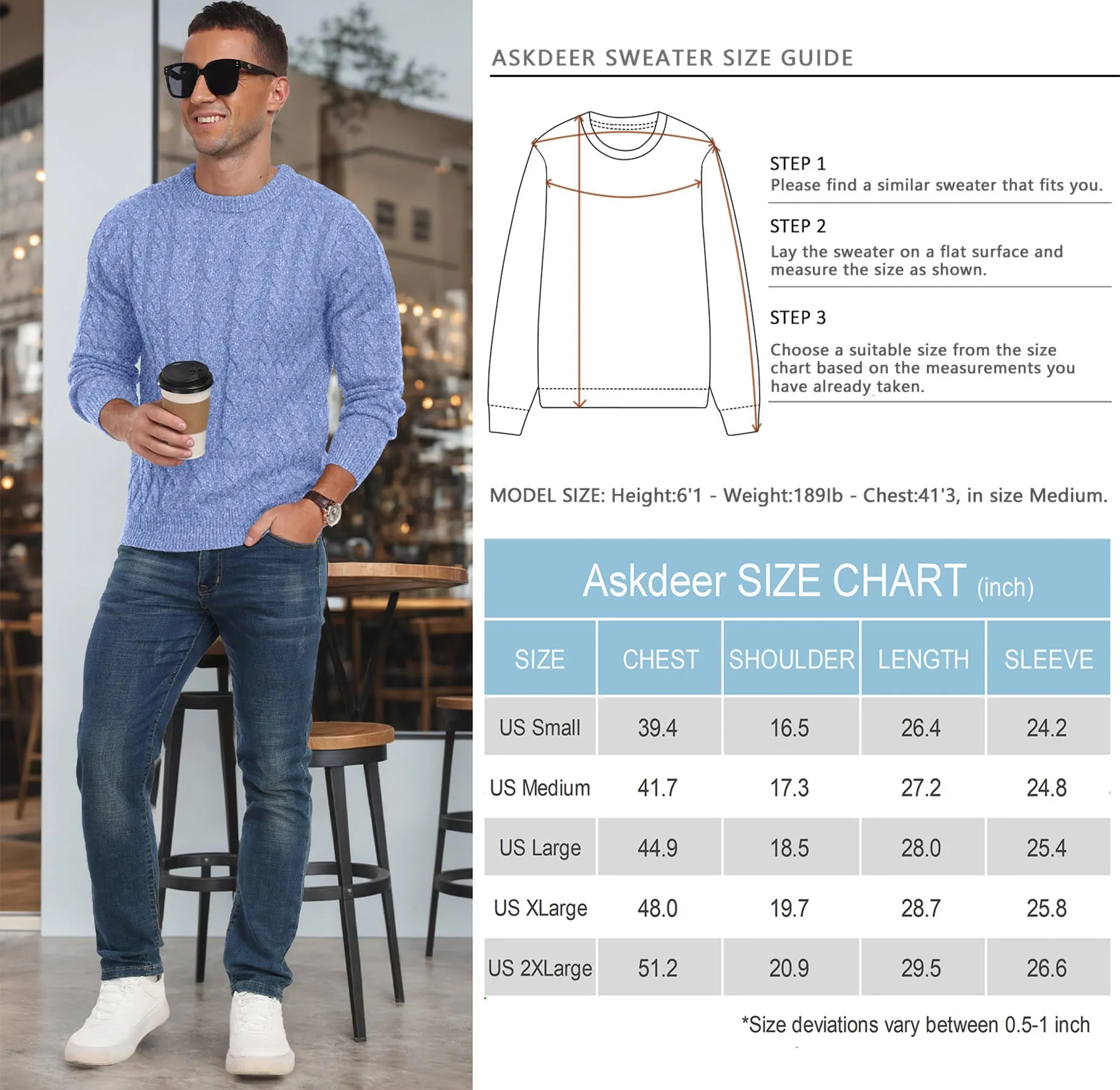 Askdeer Men's Crewneck Pullover Sweater Chunky Cable Knit Sweater Classic Casual Sweaters with Ribbing Edge