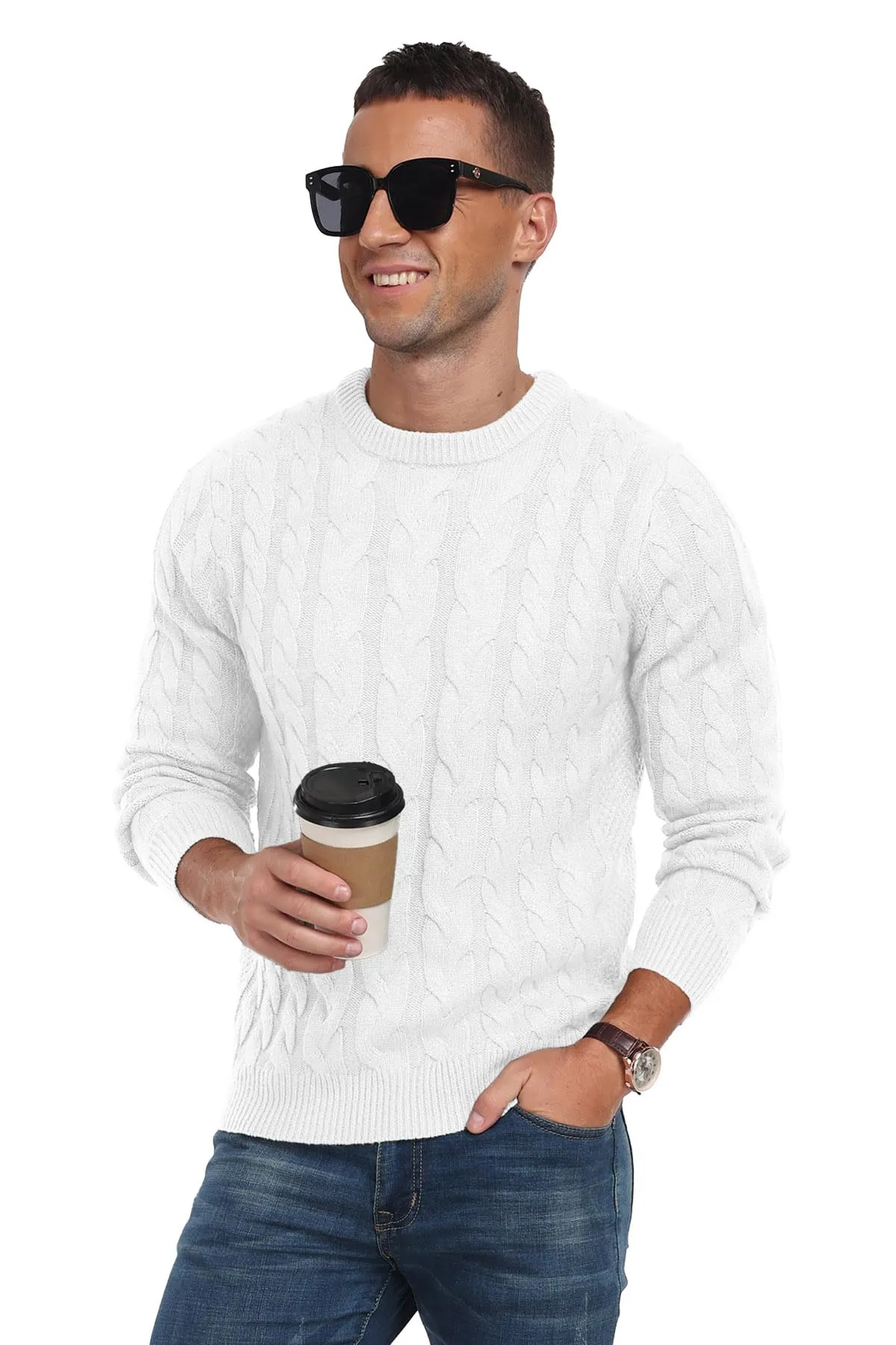 Askdeer Men's Crewneck Pullover Sweater Chunky Cable Knit Sweater Classic Casual Sweaters with Ribbing Edge
