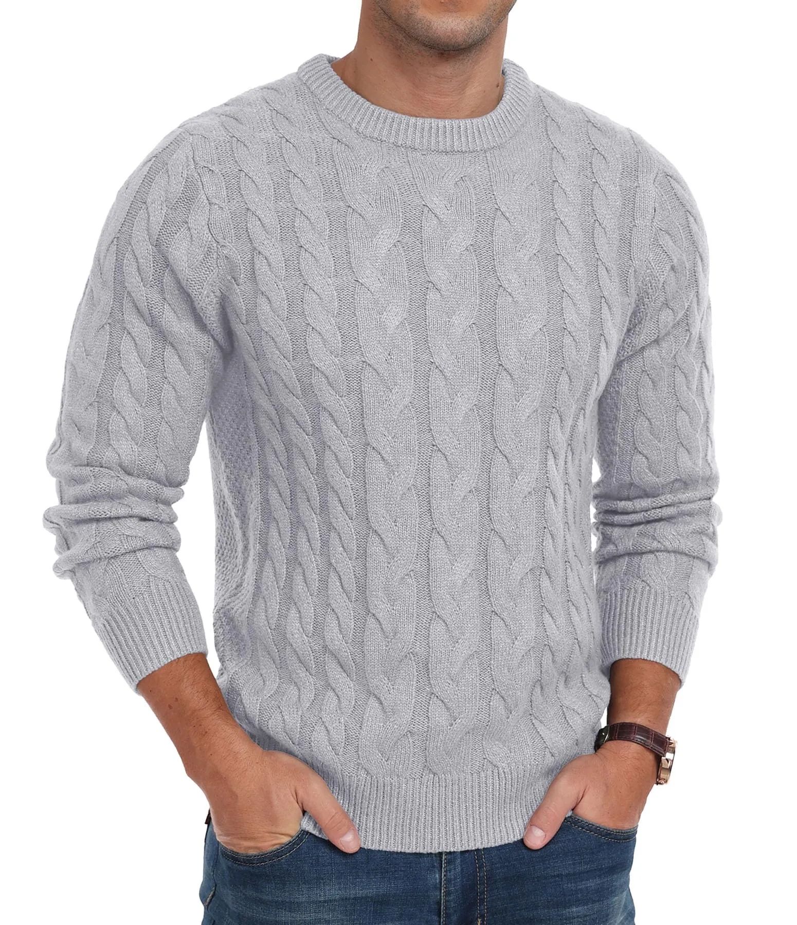 Askdeer Men's Crewneck Pullover Sweater Chunky Cable Knit Sweater Classic Casual Sweaters with Ribbing Edge