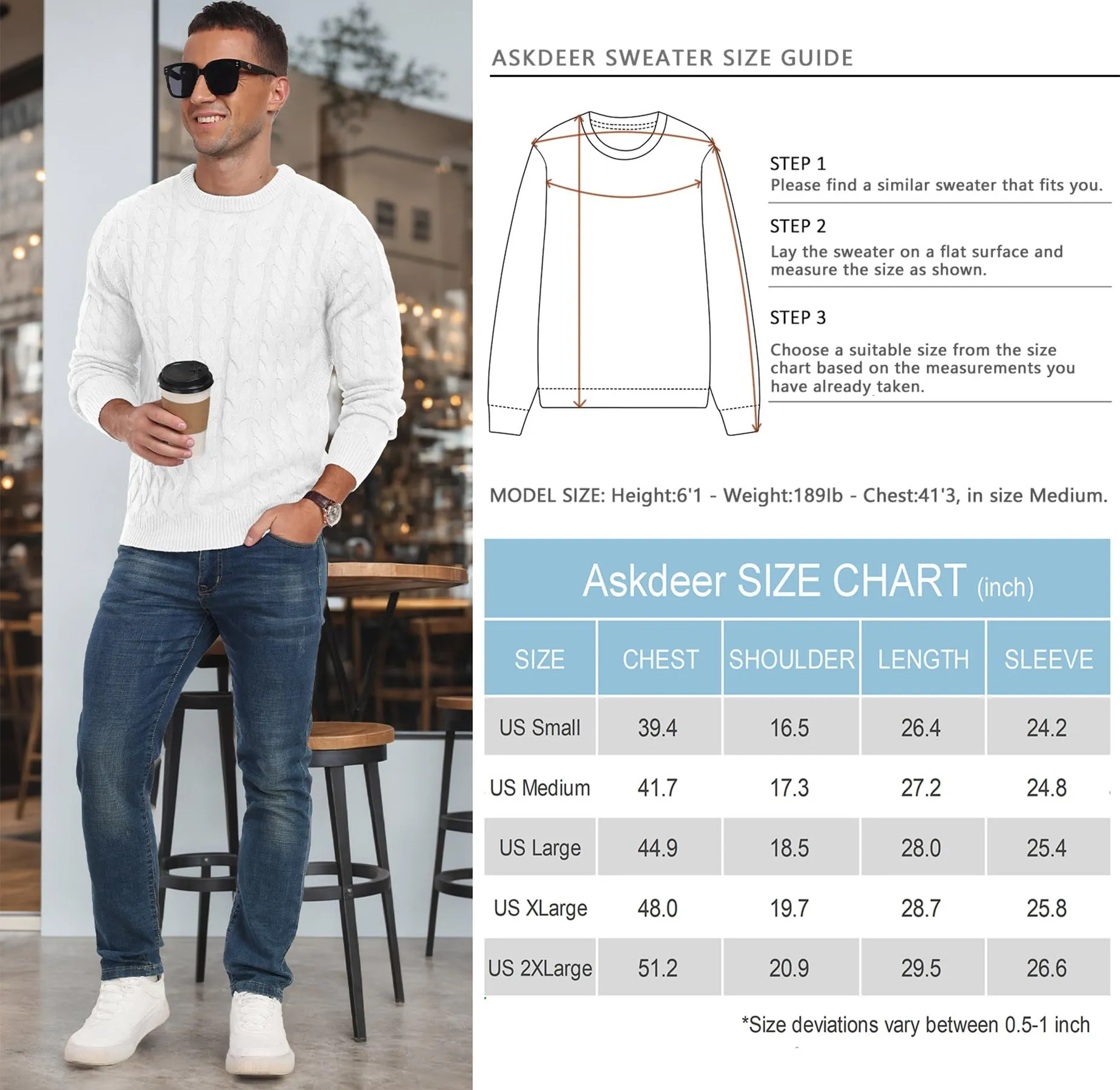 Askdeer Men's Crewneck Pullover Sweater Chunky Cable Knit Sweater Classic Casual Sweaters with Ribbing Edge
