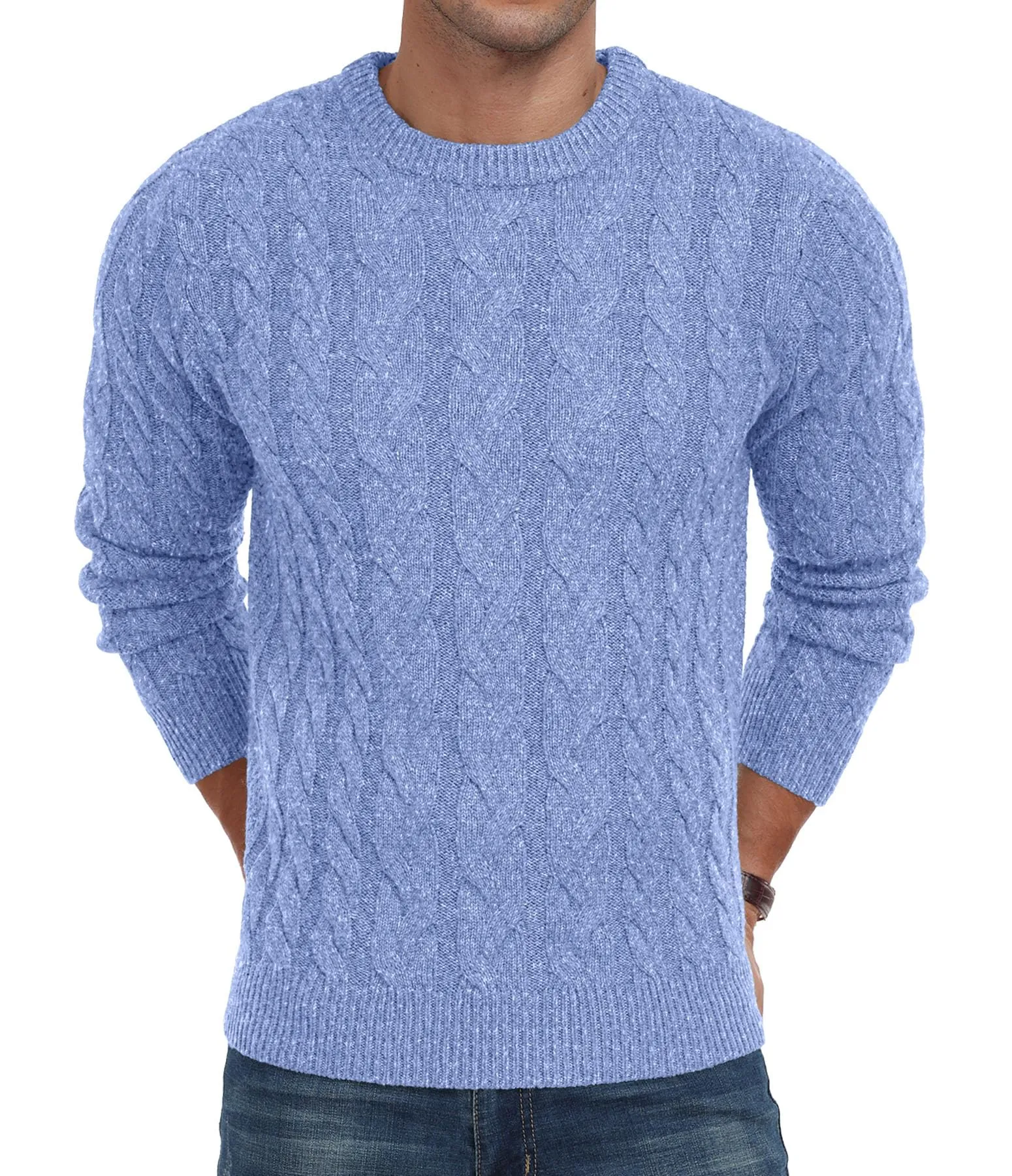 Askdeer Men's Crewneck Pullover Sweater Chunky Cable Knit Sweater Classic Casual Sweaters with Ribbing Edge