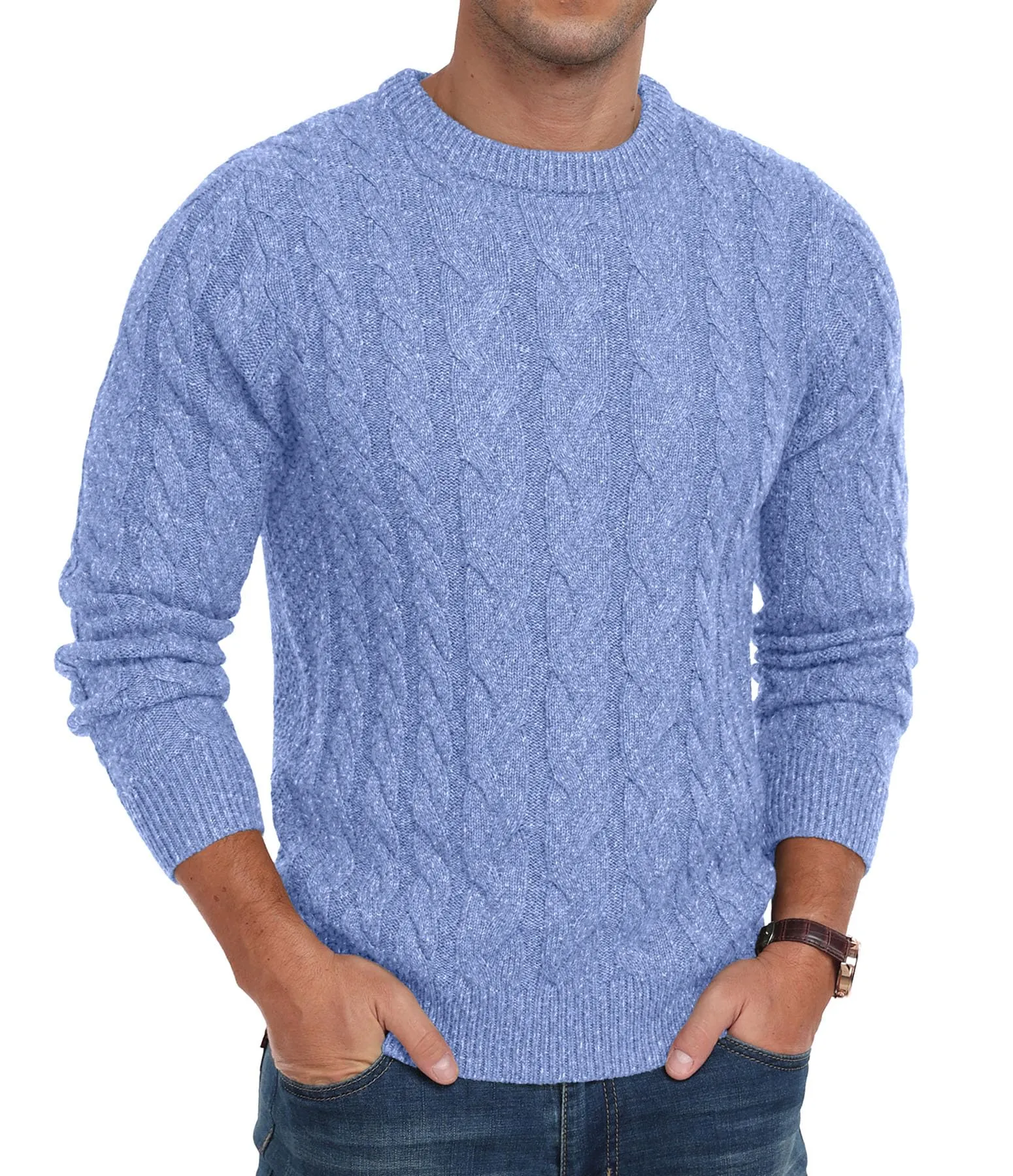 Askdeer Men's Crewneck Pullover Sweater Chunky Cable Knit Sweater Classic Casual Sweaters with Ribbing Edge