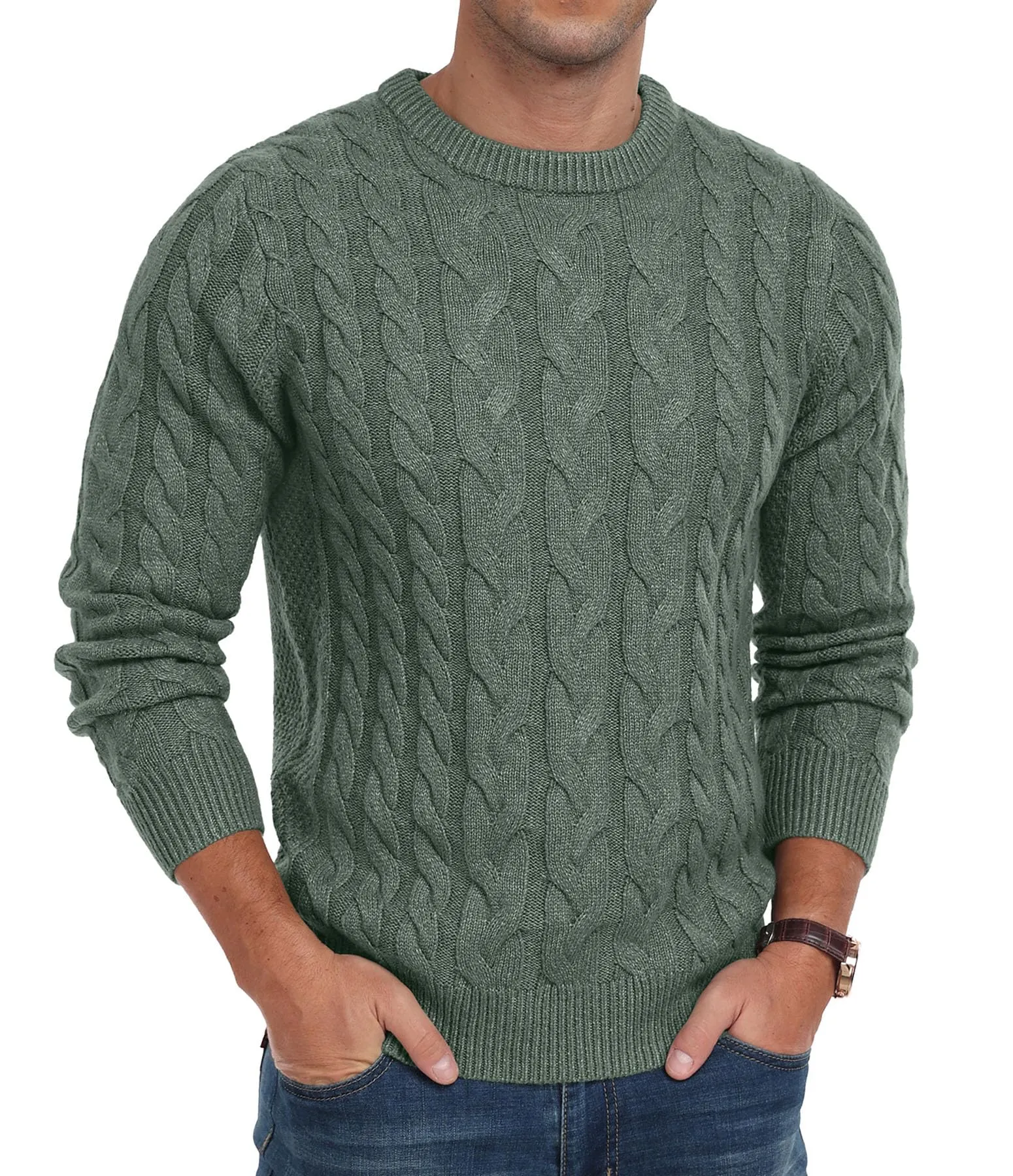 Askdeer Men's Crewneck Pullover Sweater Chunky Cable Knit Sweater Classic Casual Sweaters with Ribbing Edge