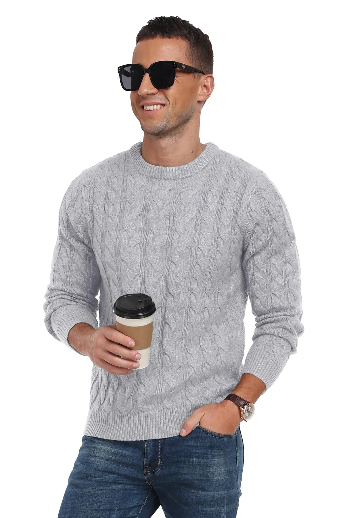 Askdeer Men's Crewneck Pullover Sweater Chunky Cable Knit Sweater Classic Casual Sweaters with Ribbing Edge