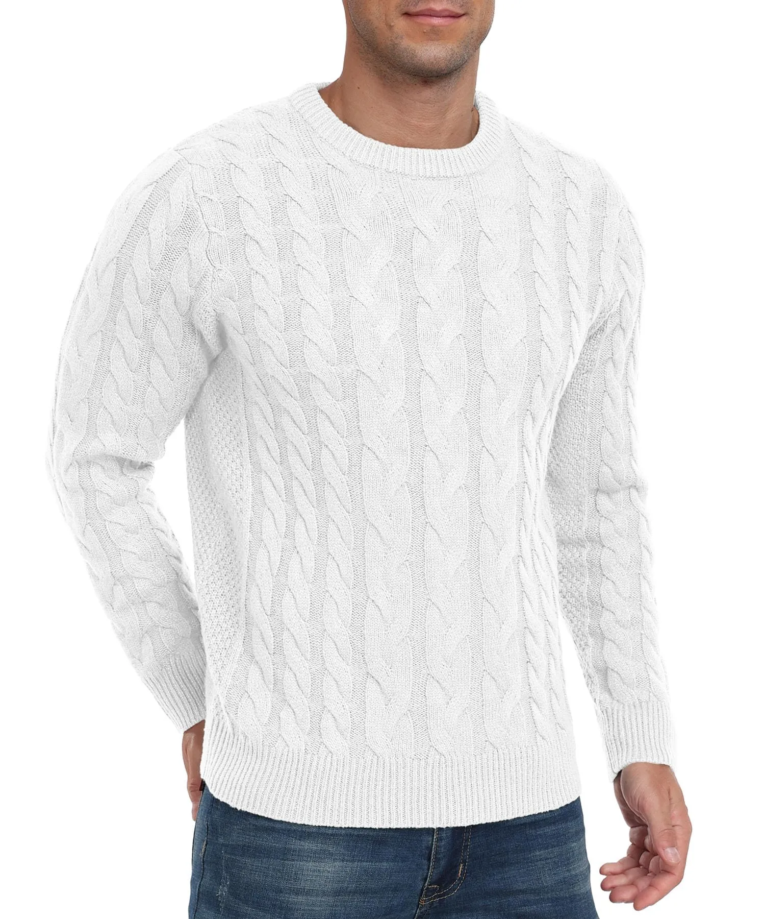 Askdeer Men's Crewneck Pullover Sweater Chunky Cable Knit Sweater Classic Casual Sweaters with Ribbing Edge