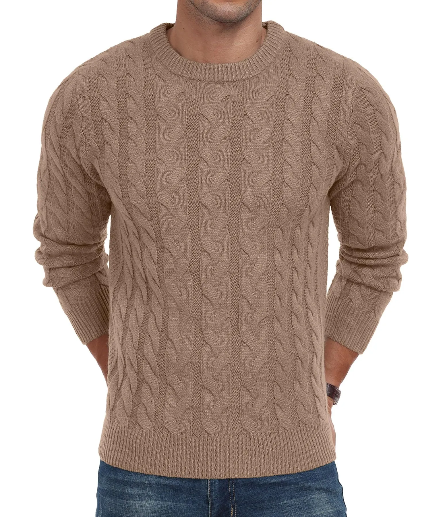 Askdeer Men's Crewneck Pullover Sweater Chunky Cable Knit Sweater Classic Casual Sweaters with Ribbing Edge