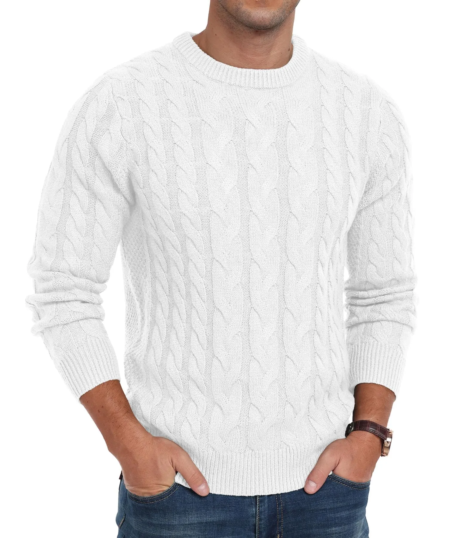 Askdeer Men's Crewneck Pullover Sweater Chunky Cable Knit Sweater Classic Casual Sweaters with Ribbing Edge