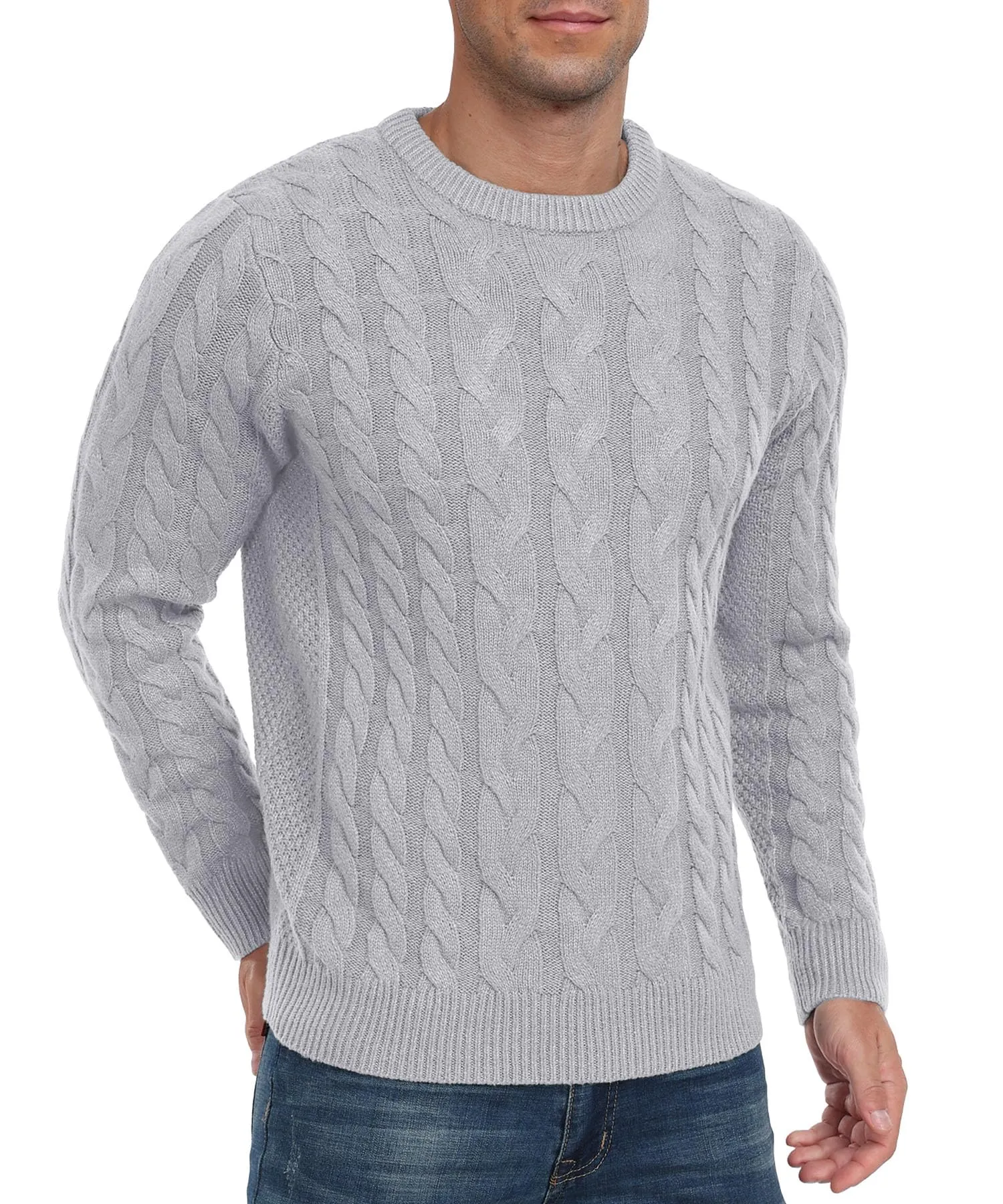 Askdeer Men's Crewneck Pullover Sweater Chunky Cable Knit Sweater Classic Casual Sweaters with Ribbing Edge
