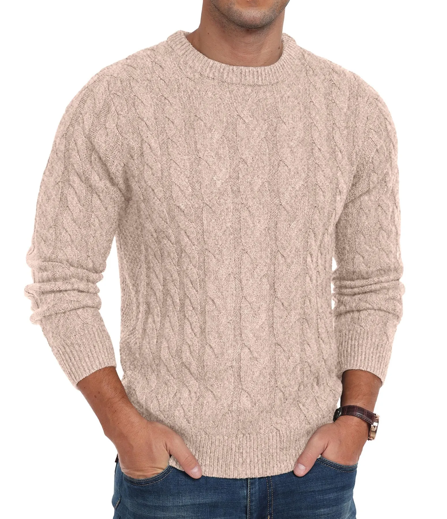 Askdeer Men's Crewneck Pullover Sweater Chunky Cable Knit Sweater Classic Casual Sweaters with Ribbing Edge