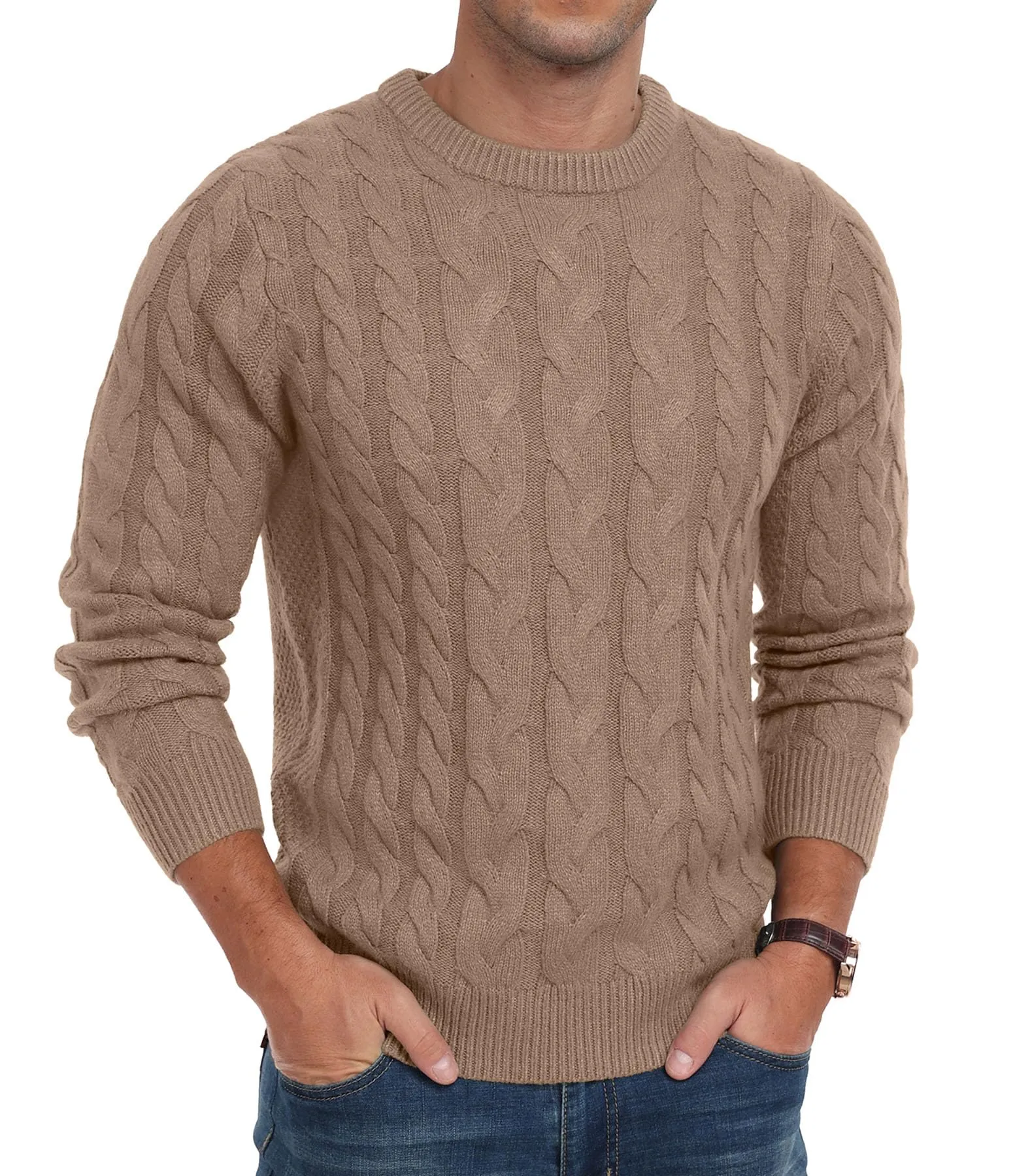 Askdeer Men's Crewneck Pullover Sweater Chunky Cable Knit Sweater Classic Casual Sweaters with Ribbing Edge