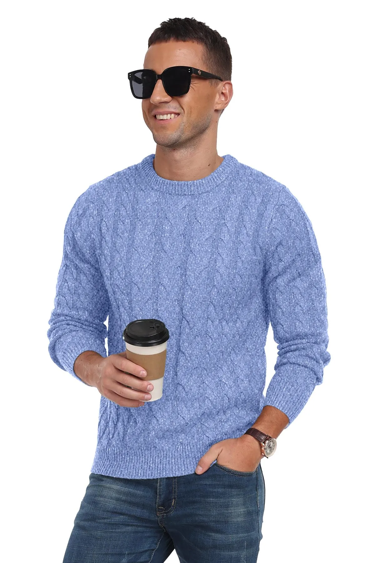 Askdeer Men's Crewneck Pullover Sweater Chunky Cable Knit Sweater Classic Casual Sweaters with Ribbing Edge