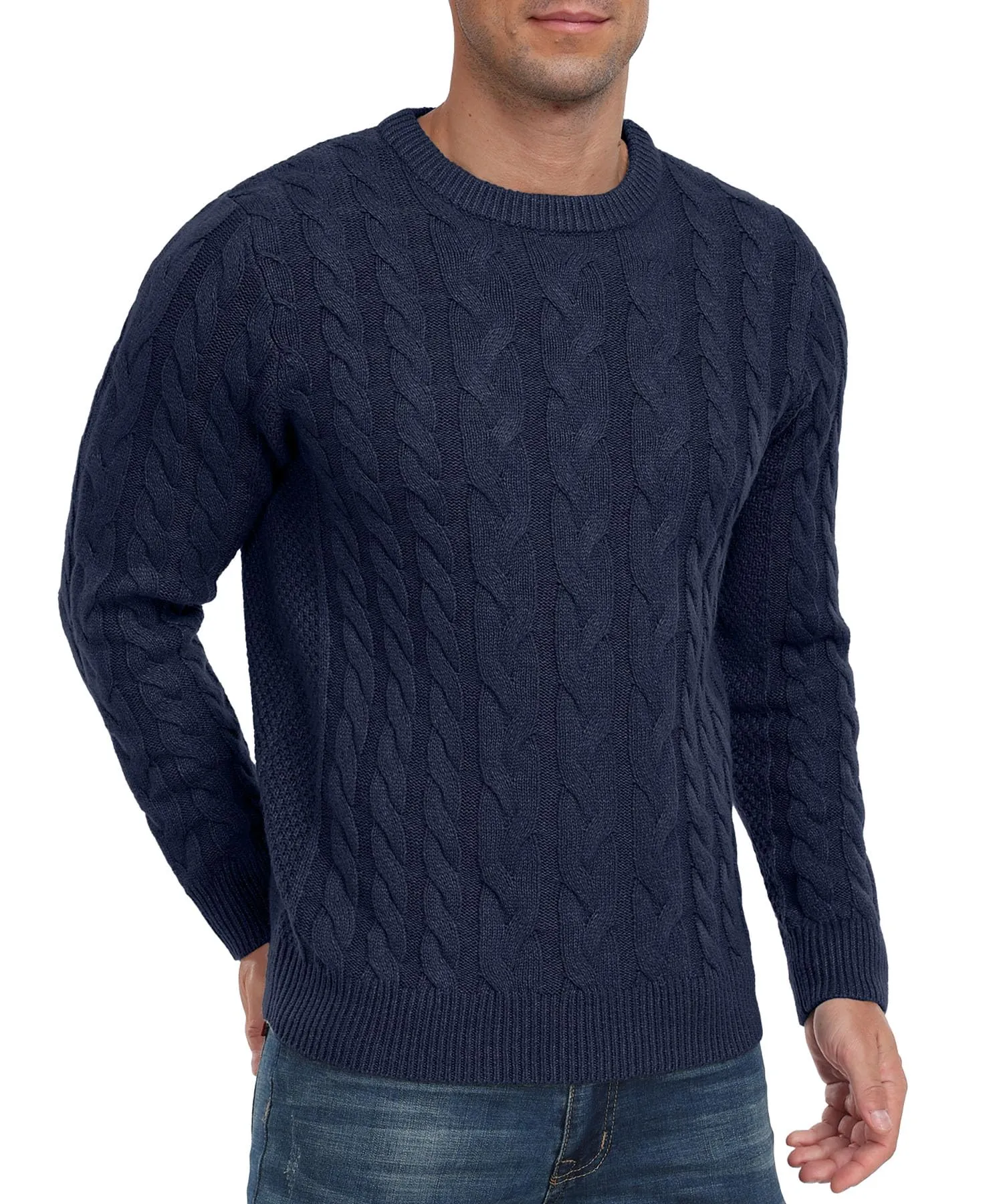 Askdeer Men's Crewneck Pullover Sweater Chunky Cable Knit Sweater Classic Casual Sweaters with Ribbing Edge