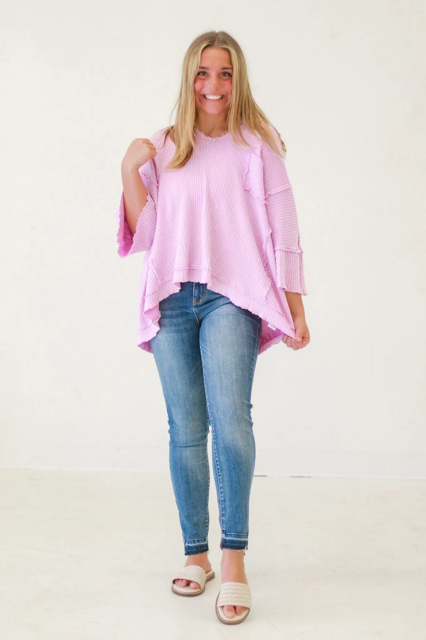 Aurora Mineral Washed Thermal Knit Top in Lilac Pink