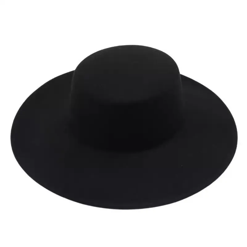 Autumn-Winter Flat-Top Wool Felt Hat for Women with Large Brim, Versatile Felt Hat, Jazz Hat in French Style, French Hepburn-Style Hat.C-240826-3