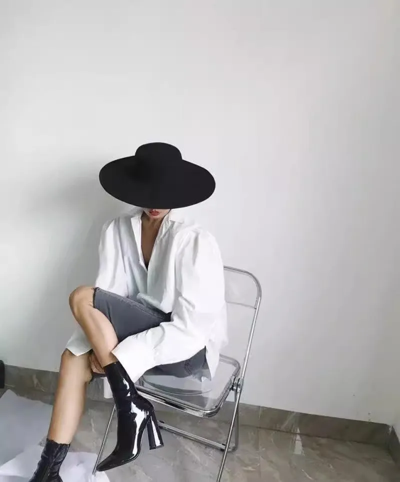 Autumn-Winter Flat-Top Wool Felt Hat for Women with Large Brim, Versatile Felt Hat, Jazz Hat in French Style, French Hepburn-Style Hat.C-240826-3