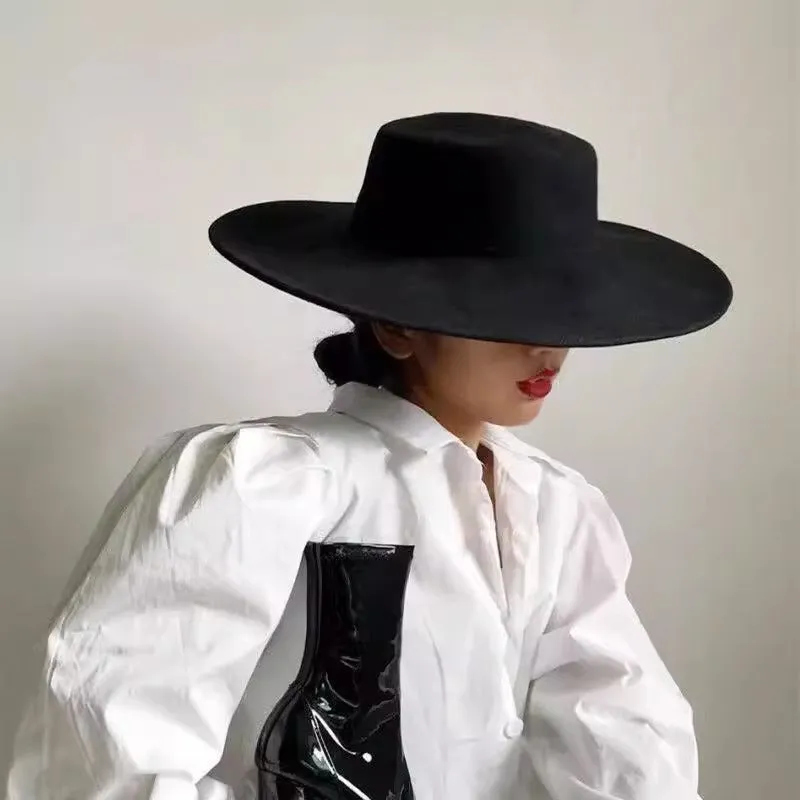 Autumn-Winter Flat-Top Wool Felt Hat for Women with Large Brim, Versatile Felt Hat, Jazz Hat in French Style, French Hepburn-Style Hat.C-240826-3