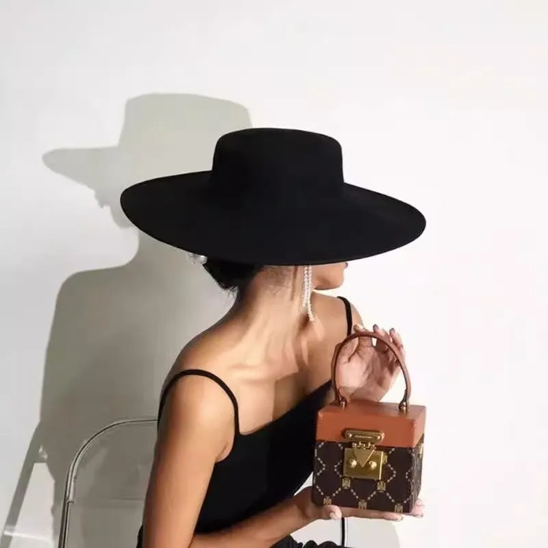 Autumn-Winter Flat-Top Wool Felt Hat for Women with Large Brim, Versatile Felt Hat, Jazz Hat in French Style, French Hepburn-Style Hat.C-240826-3
