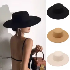 Autumn-Winter Flat-Top Wool Felt Hat for Women with Large Brim, Versatile Felt Hat, Jazz Hat in French Style, French Hepburn-Style Hat.C-240826-3