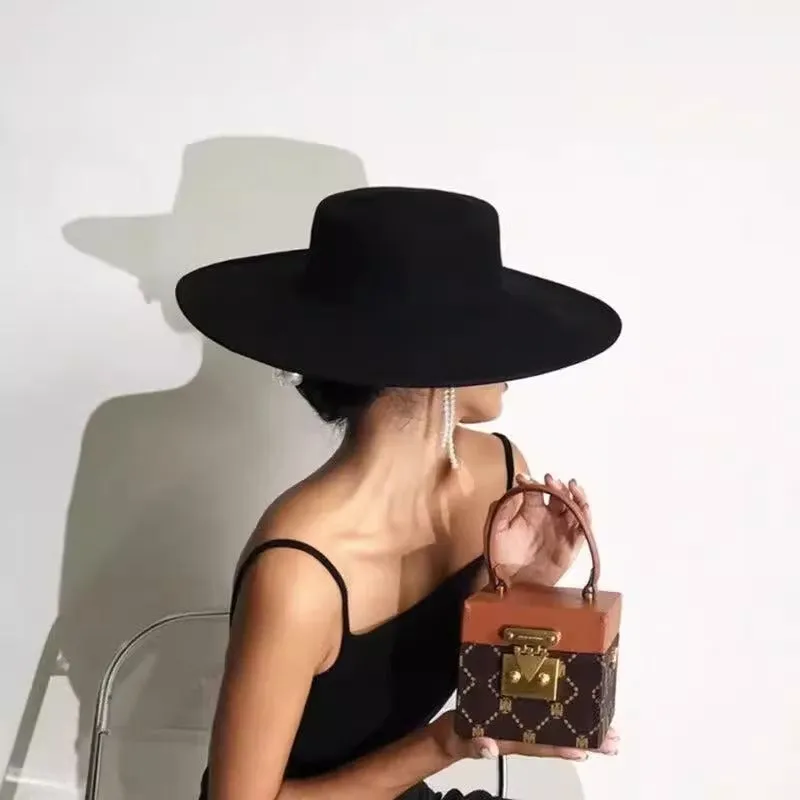 Autumn-Winter Flat-Top Wool Felt Hat for Women with Large Brim, Versatile Felt Hat, Jazz Hat in French Style, French Hepburn-Style Hat.C-240826-3